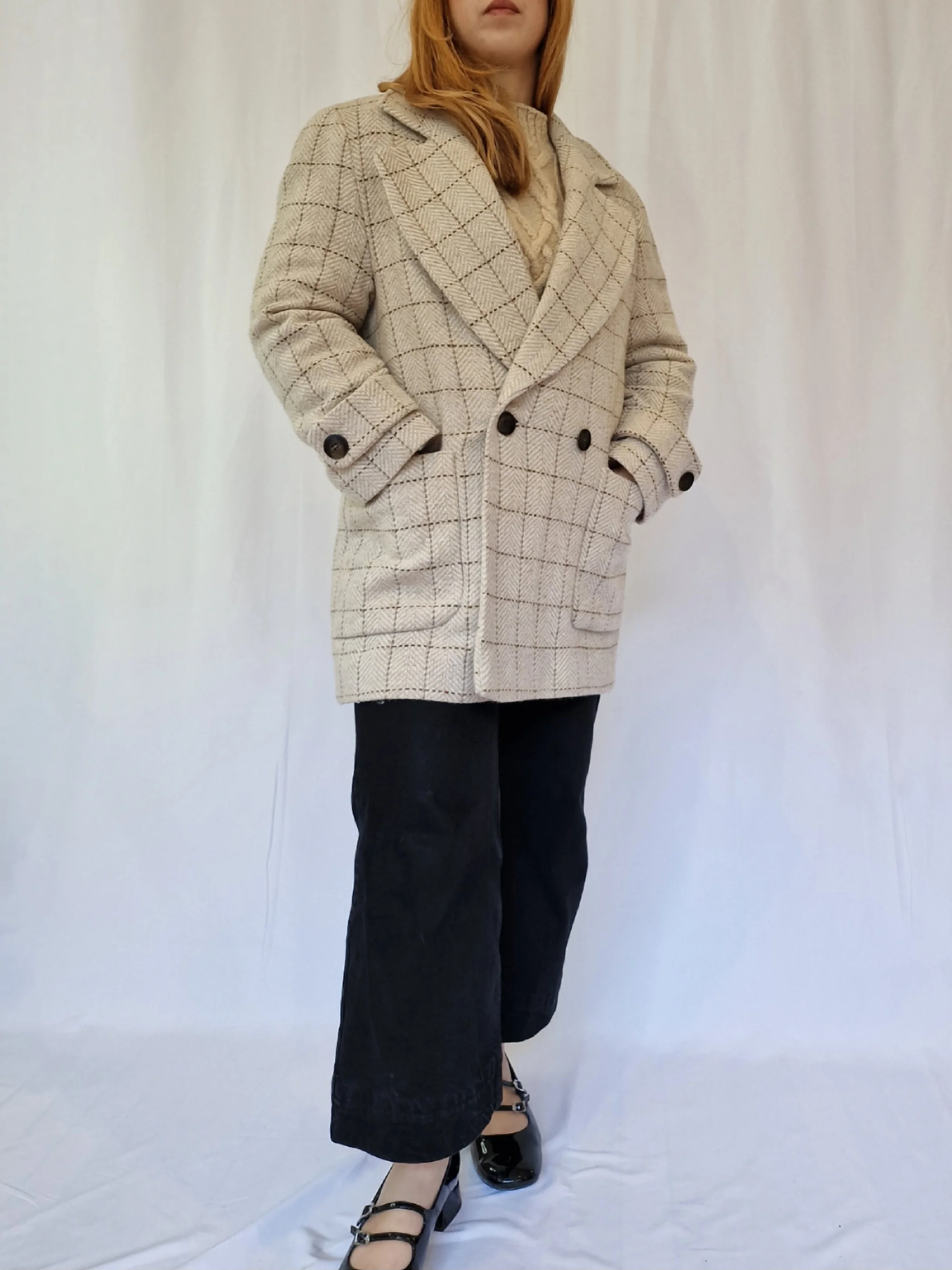 Vintage Cream Checked Double Breasted Pea Coat - M/L - Image 2
