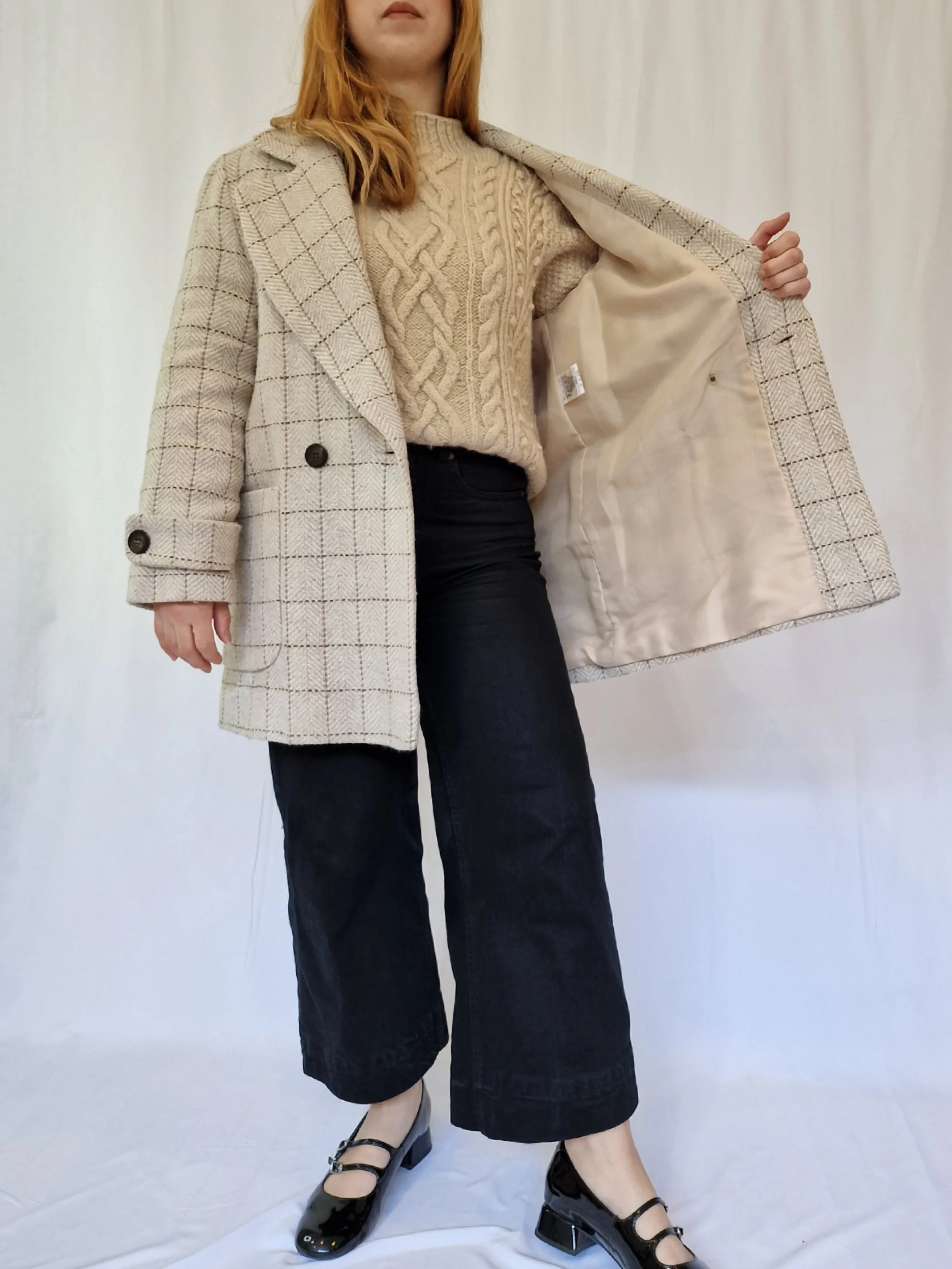 Vintage Cream Checked Double Breasted Pea Coat - M/L - Image 3