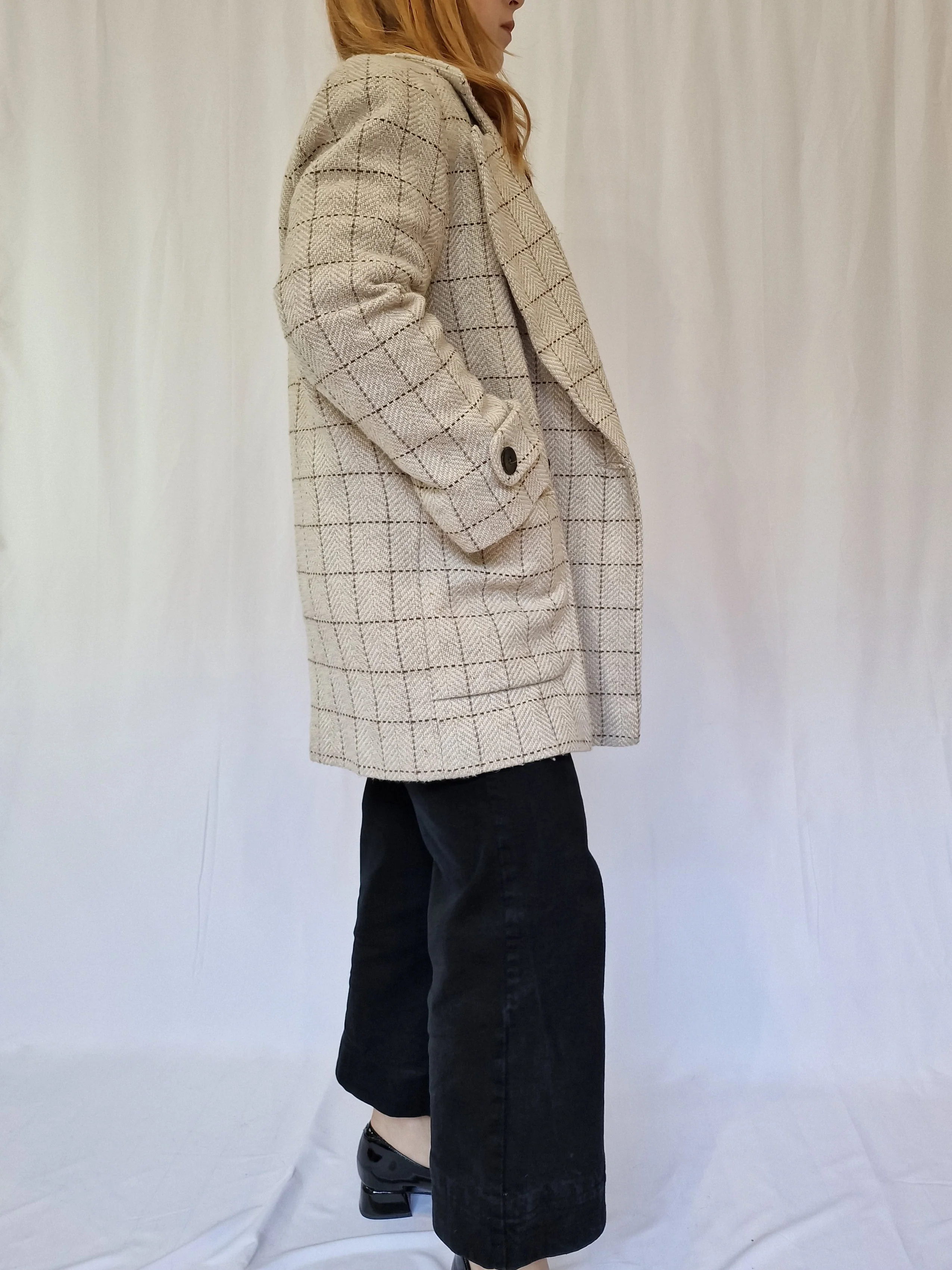 Vintage Cream Checked Double Breasted Pea Coat - M/L - Image 4