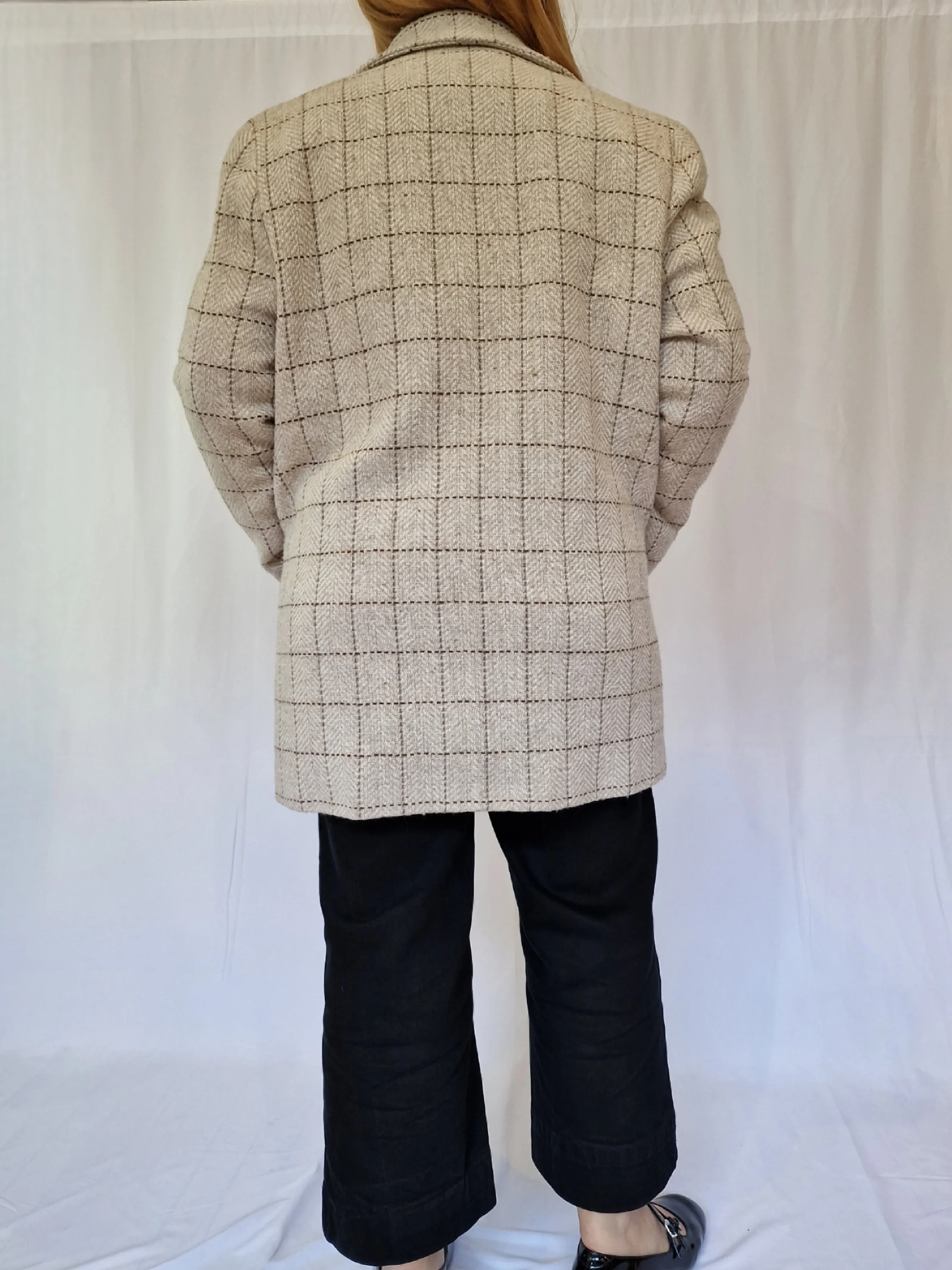 Vintage Cream Checked Double Breasted Pea Coat - M/L - Image 5