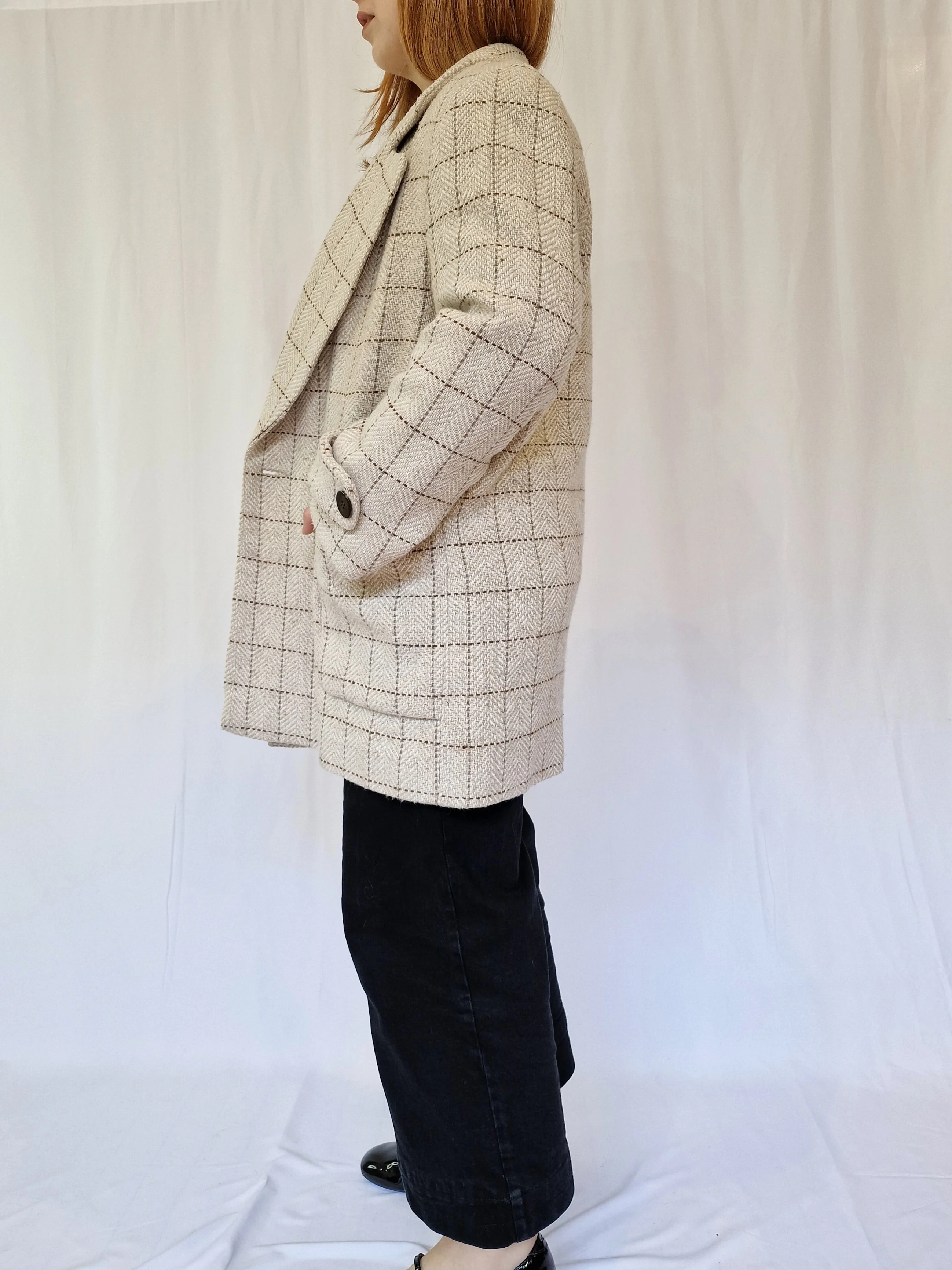 Vintage Cream Checked Double Breasted Pea Coat - M/L - Image 6