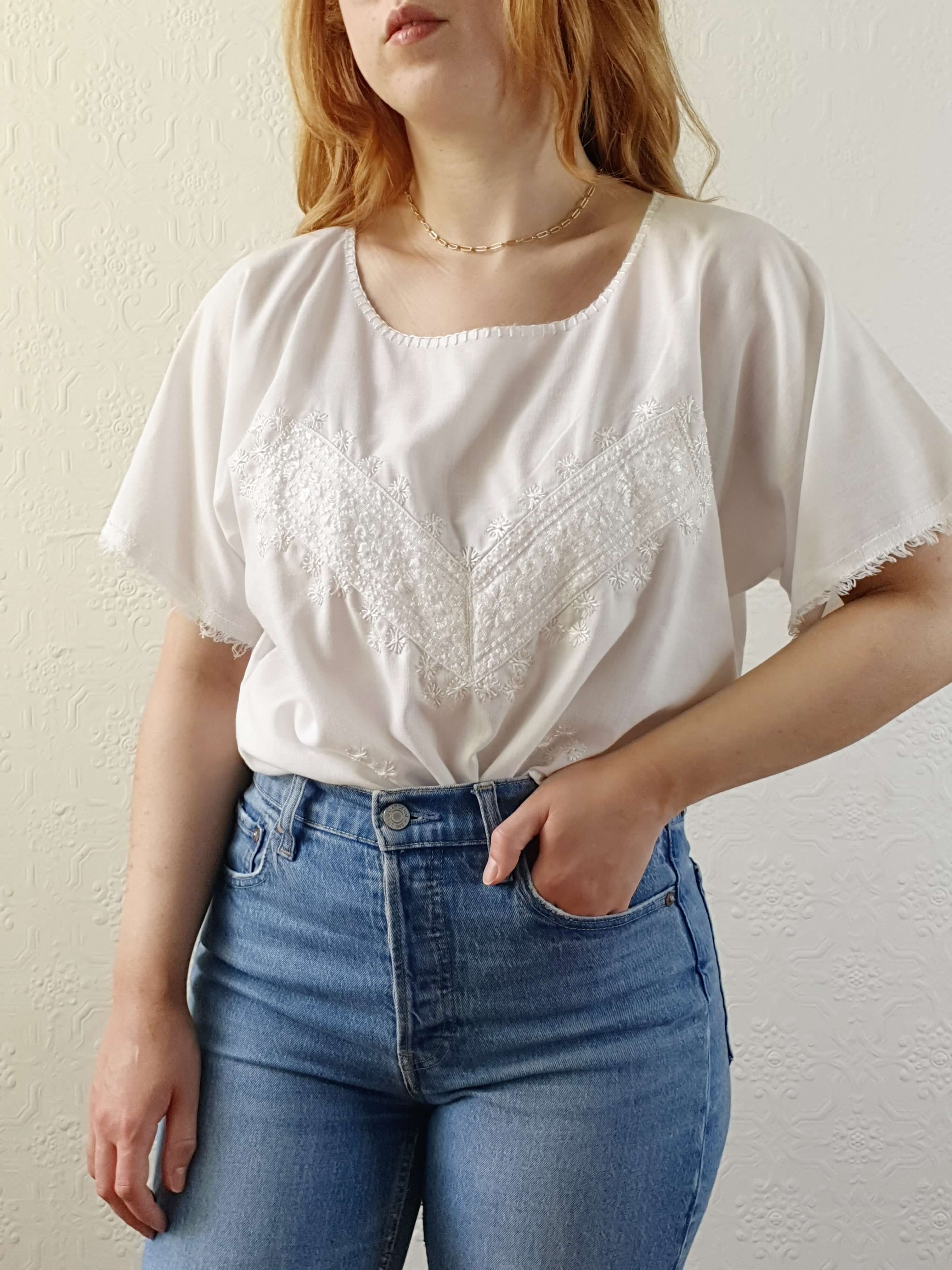 Vintage Cream Embroidered Short Sleeve Top - M/L