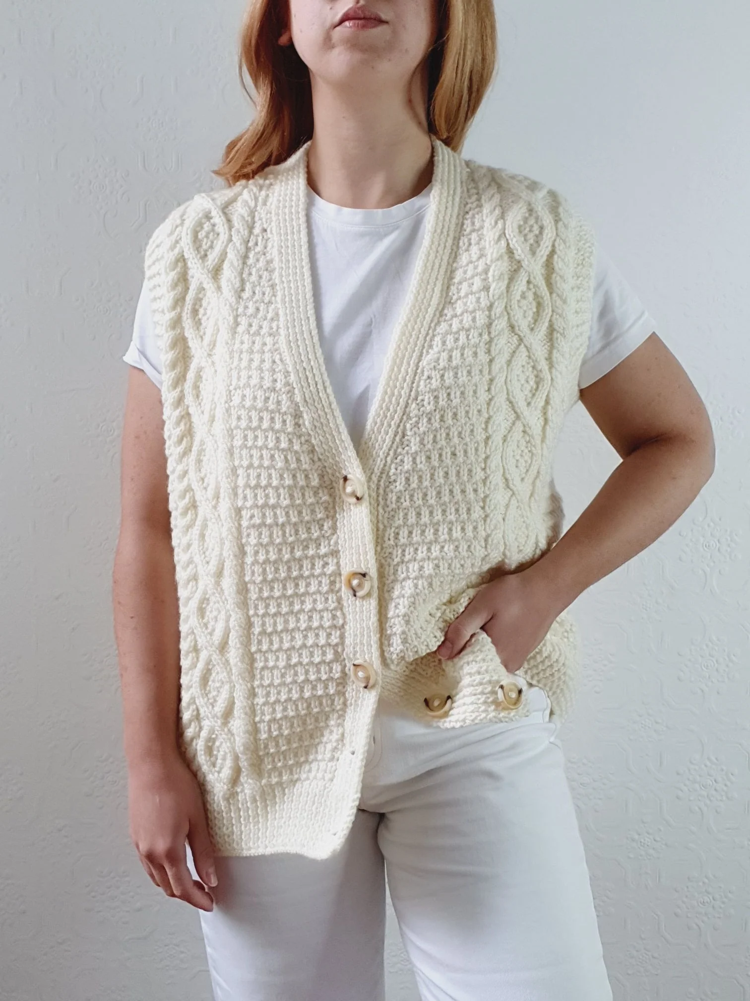 Vintage Cream Handknitted Sleeveless Aran Vest - M/L