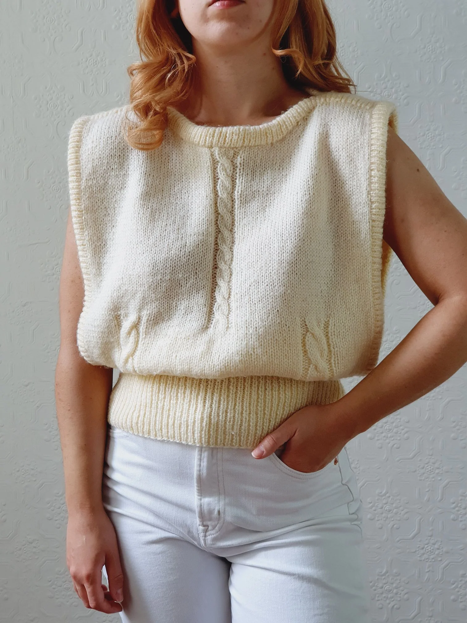 Vintage Cream Handknitted Sleeveless Crew Neck Vest - S/M/L - Image 2