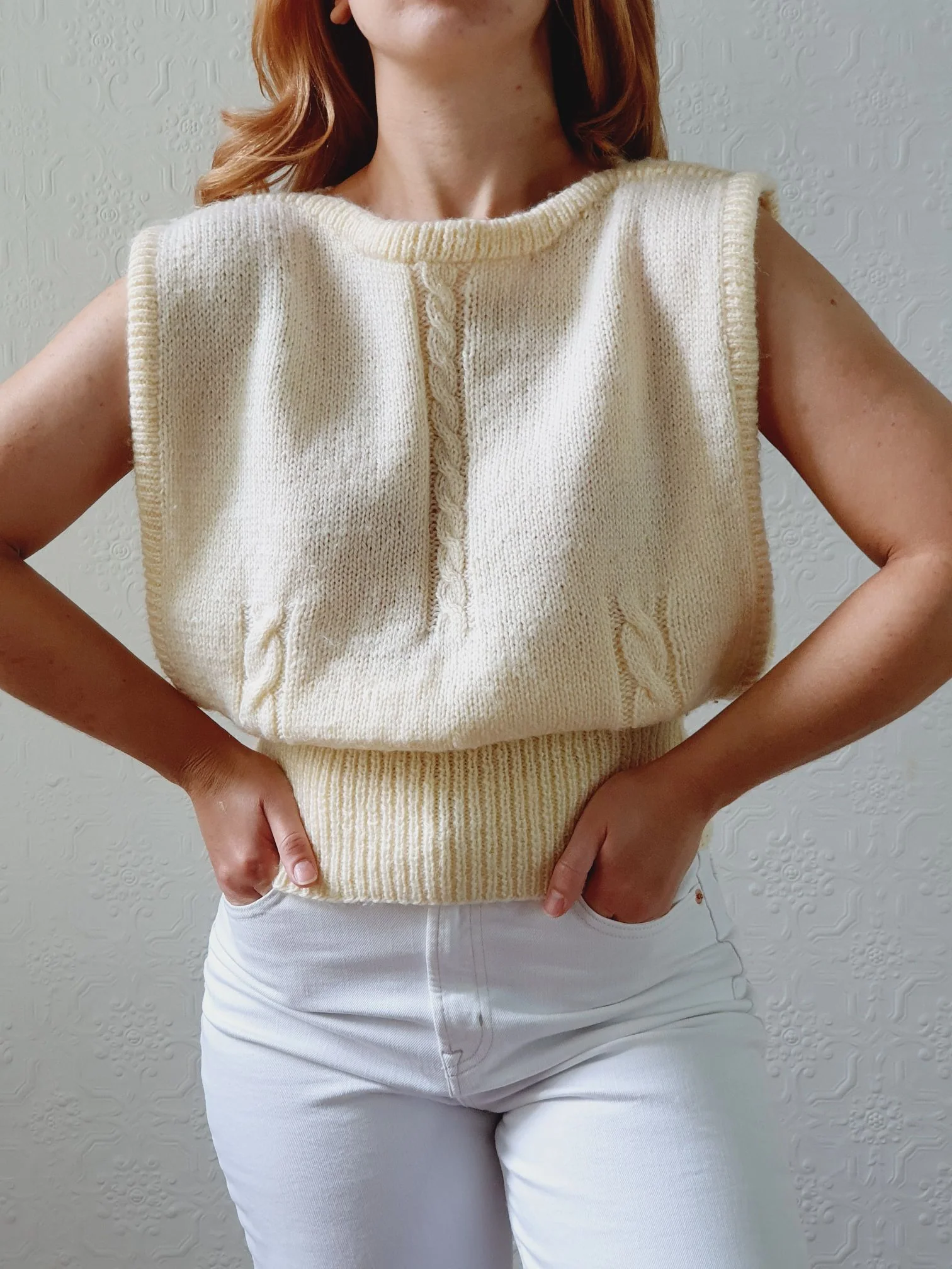 Vintage Cream Handknitted Sleeveless Crew Neck Vest - S/M/L - Image 5