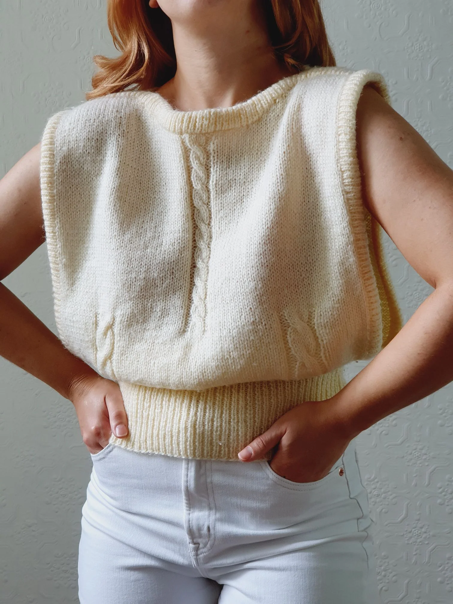 Vintage Cream Handknitted Sleeveless Crew Neck Vest - S/M/L - Image 7