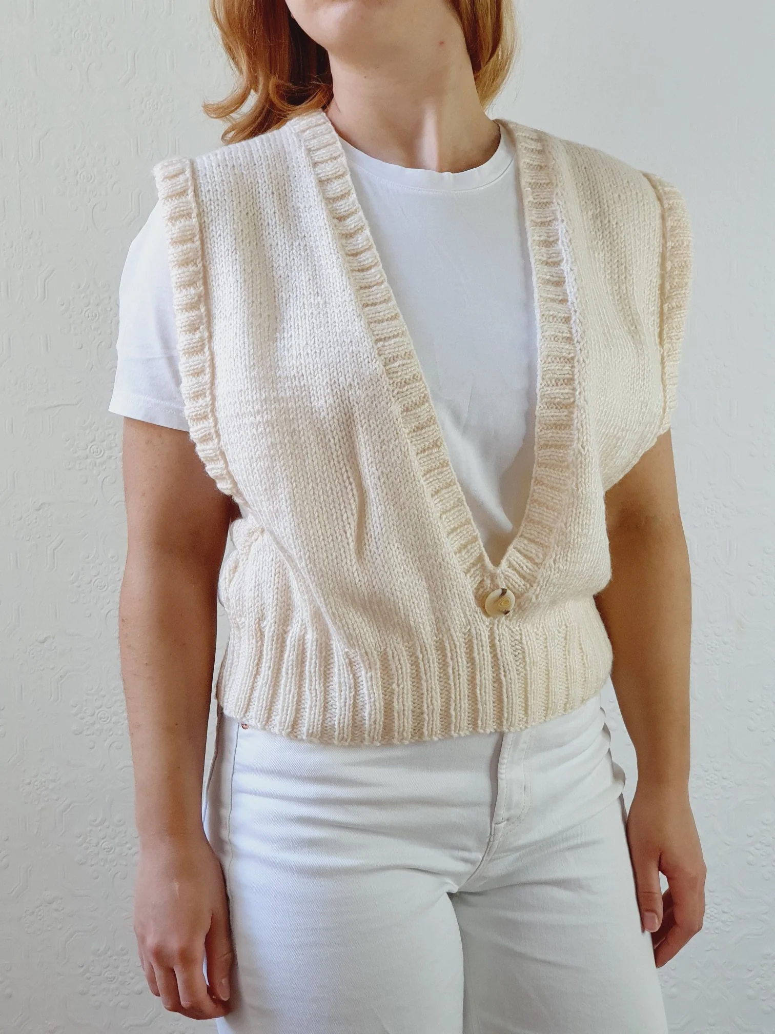Vintage Cream Handknitted Sleeveless Deep V-Neck Vest - S/M/L