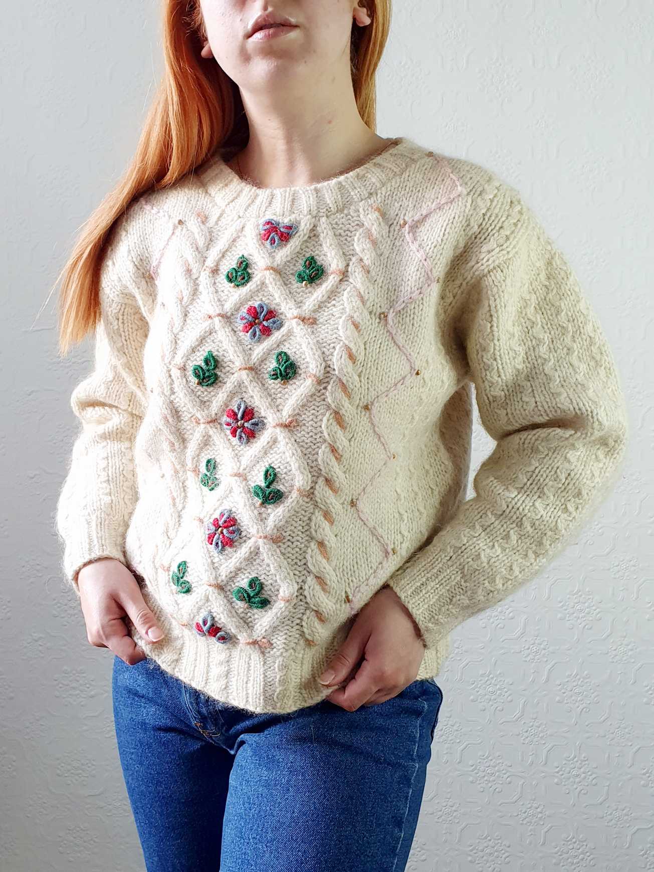 Vintage Cream Jumper with Folk Embroidery - S/M - Image 3