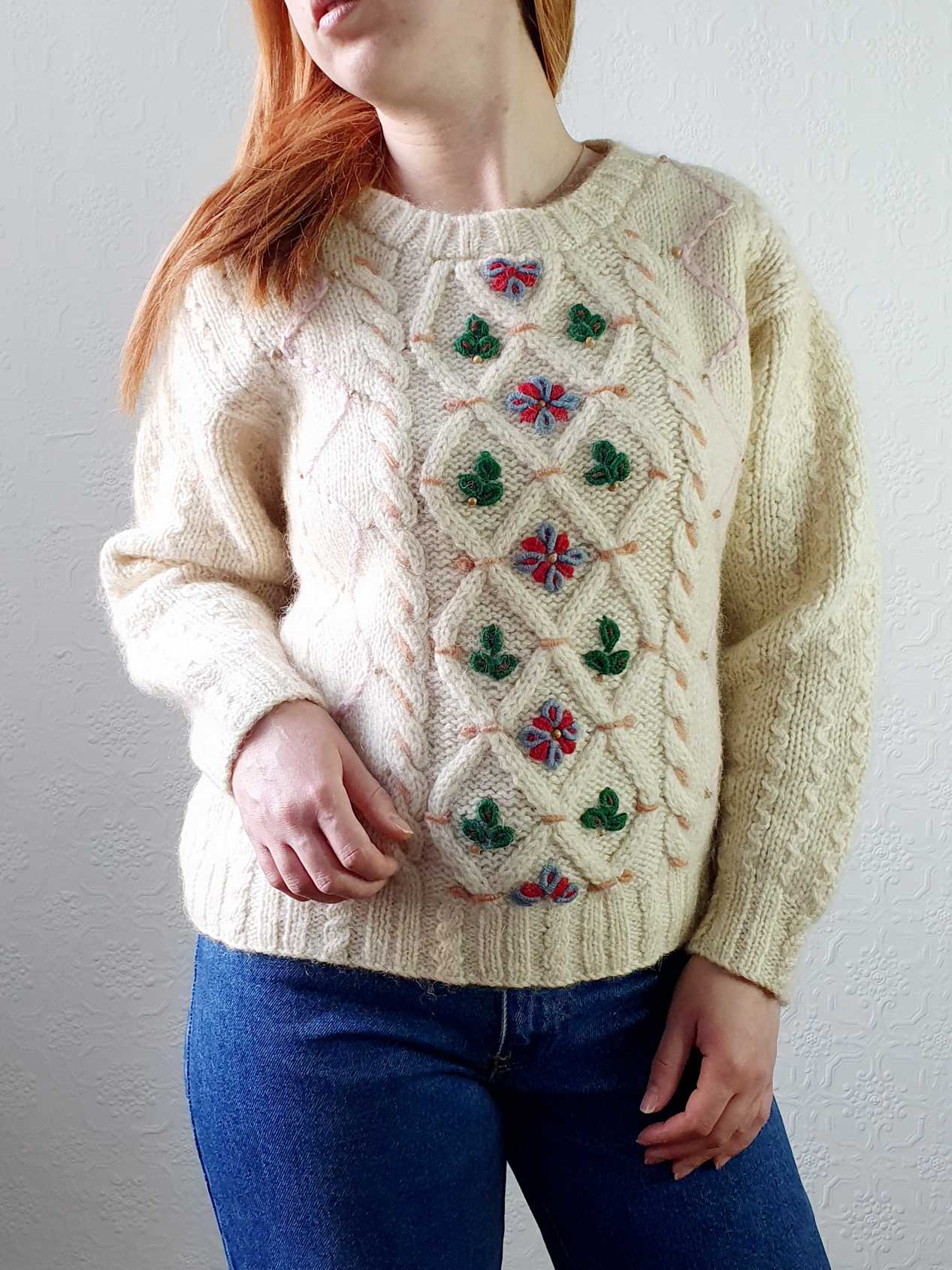 Vintage Cream Jumper with Folk Embroidery - S/M - Image 6