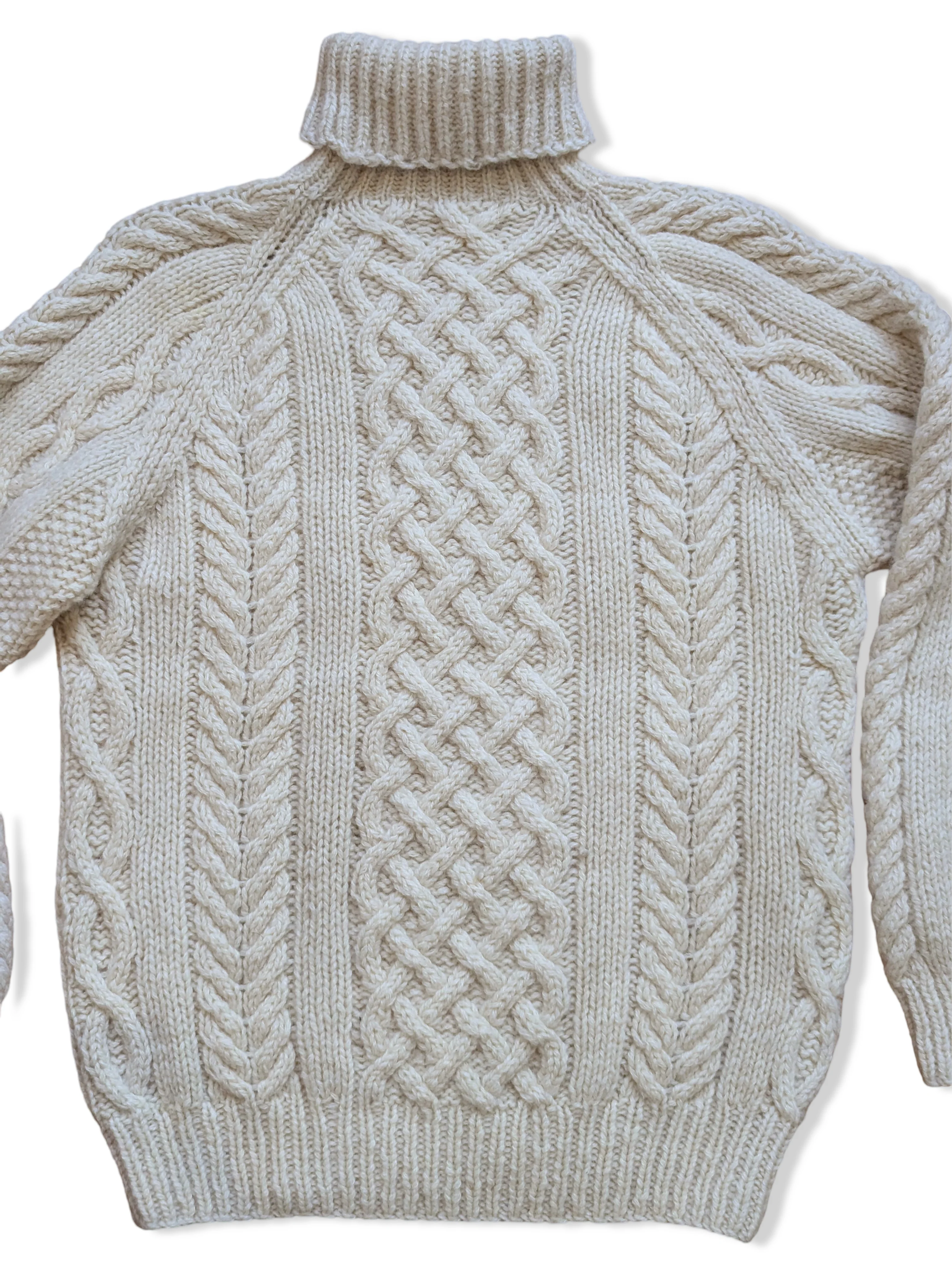 Vintage Cream Pure Wool Turtleneck Cable Knit Aran Jumper - S - Image 3