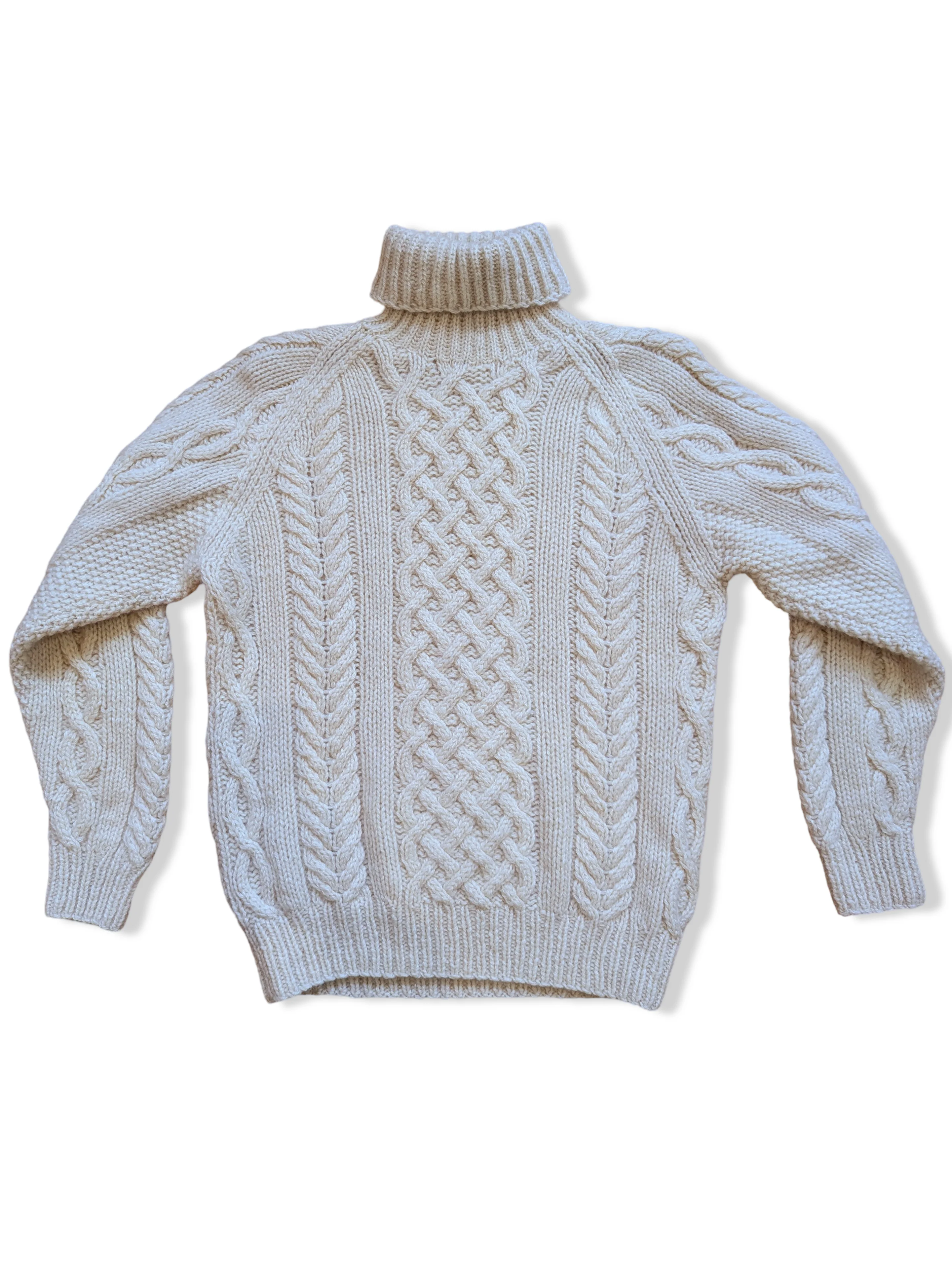 Vintage Cream Pure Wool Turtleneck Cable Knit Aran Jumper - S - Image 4