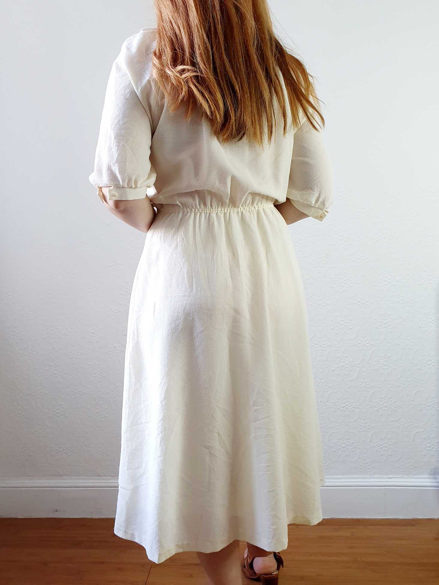 Vintage Cream Romantic Puff Sleeve Dress with Lace Detail - XS/S - Image 8