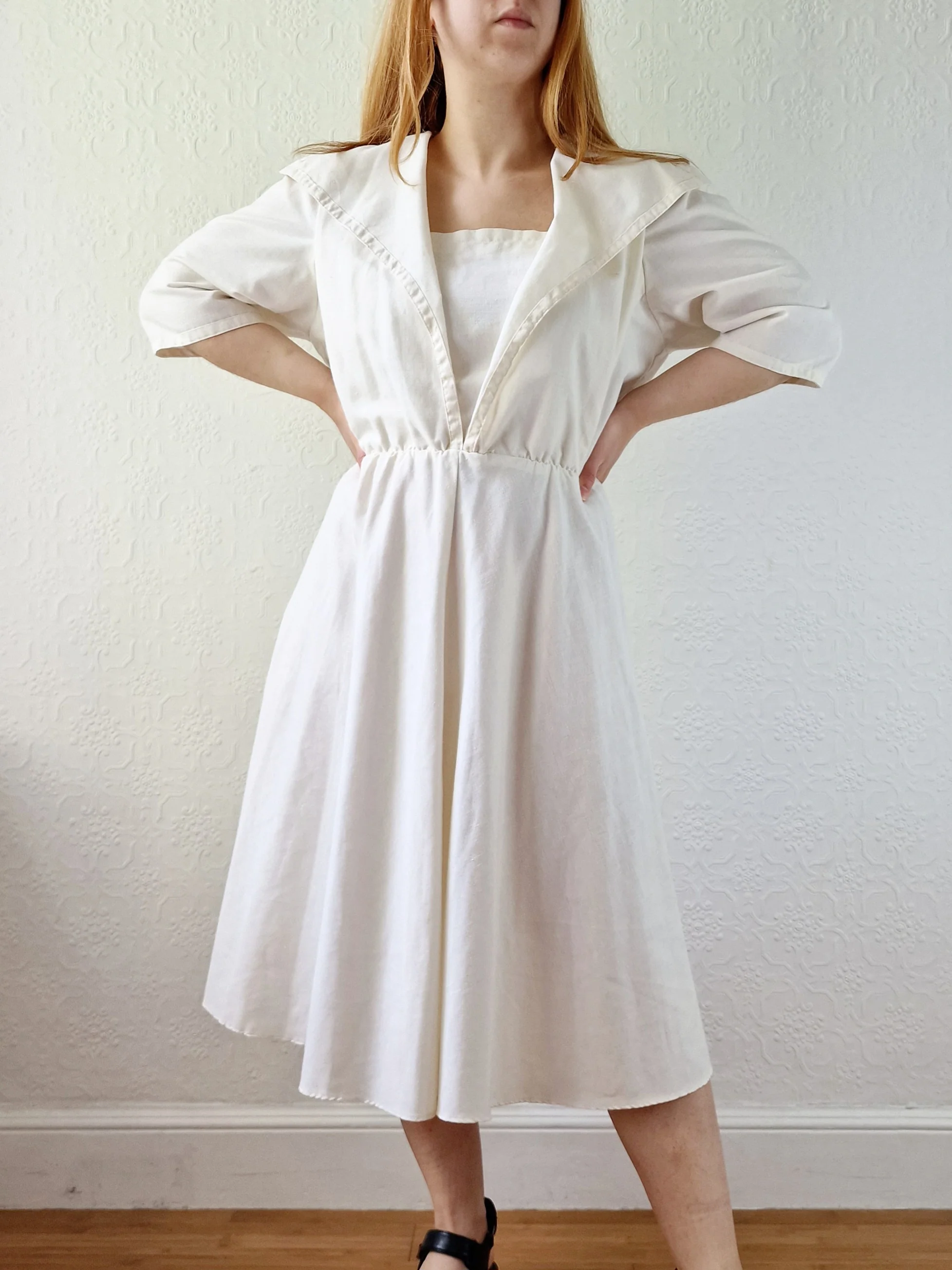 Vintage Cream Short Sleeve Dress with Sailor Collar - M/L - Image 2