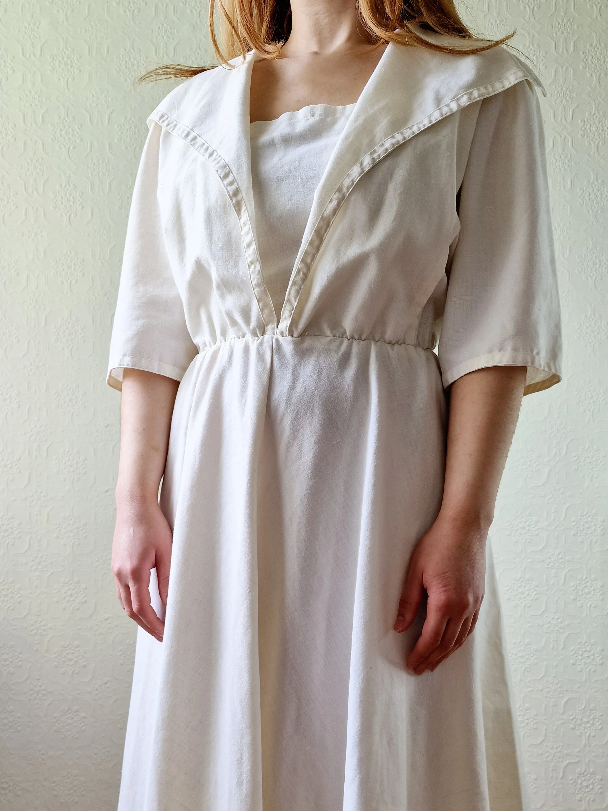Vintage Cream Short Sleeve Dress with Sailor Collar - M/L - Image 3