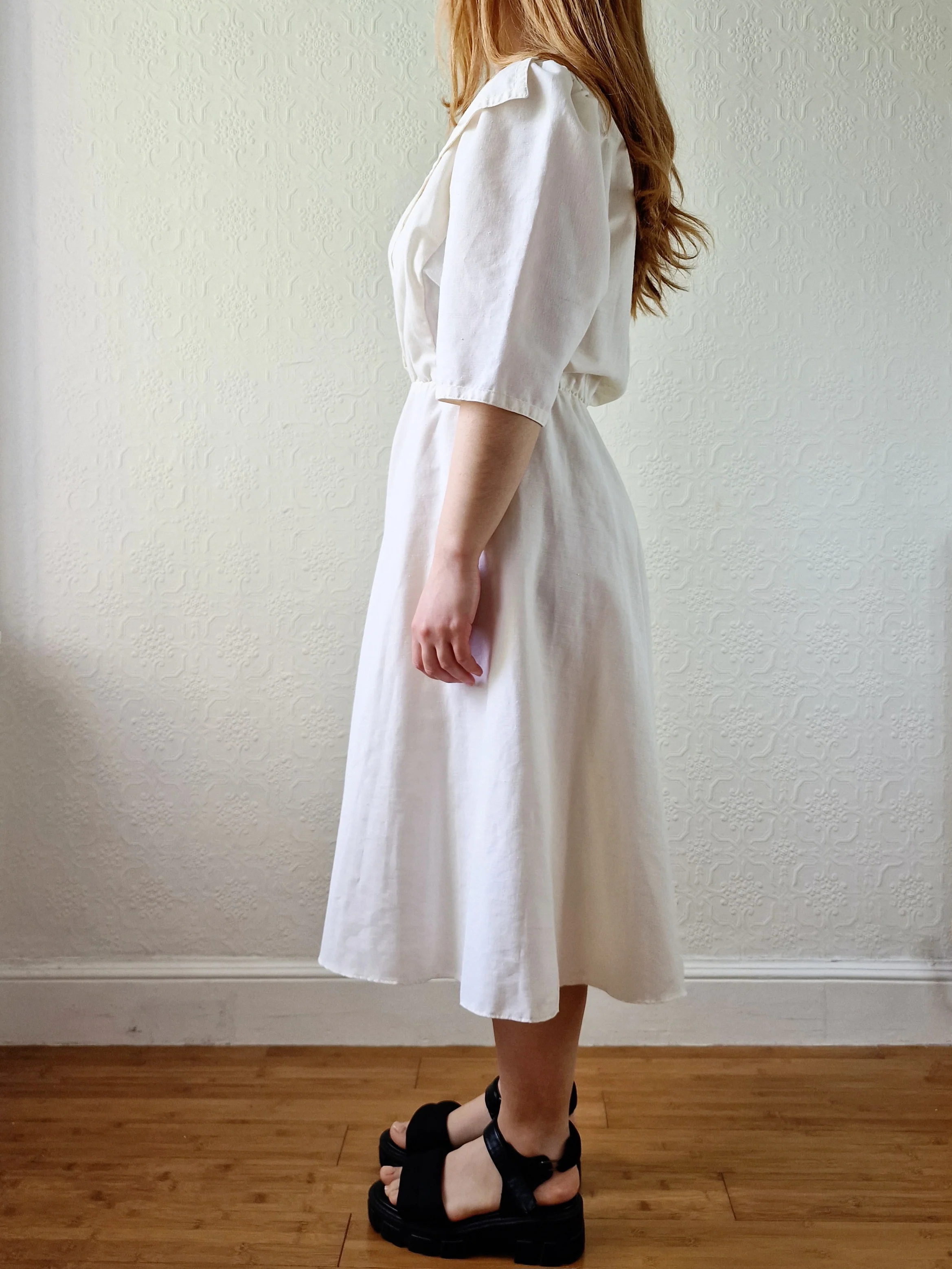 Vintage Cream Short Sleeve Dress with Sailor Collar - M/L - Image 4