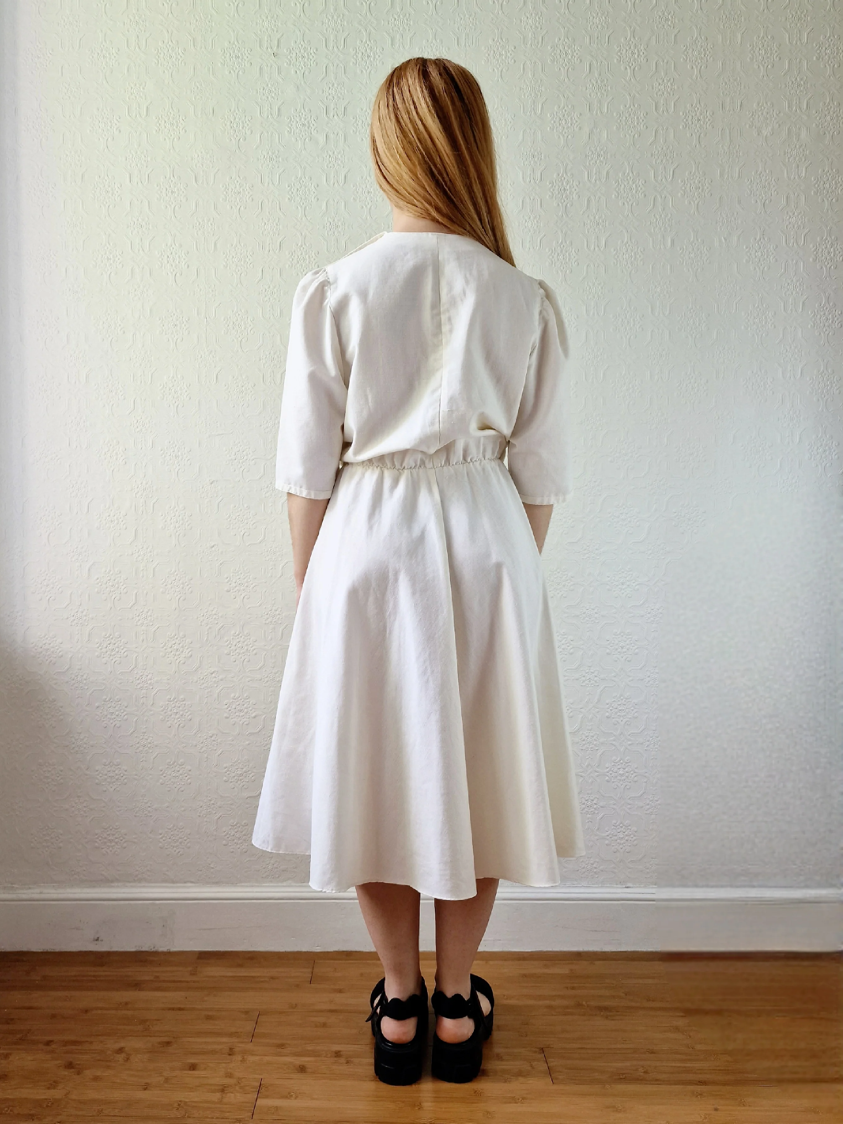 Vintage Cream Short Sleeve Dress with Sailor Collar - M/L - Image 6