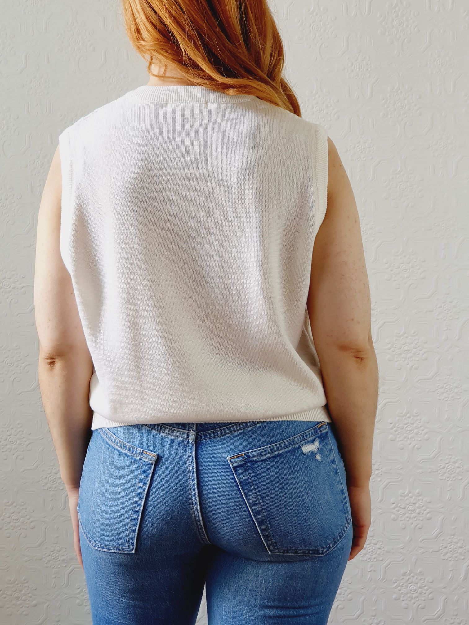 Vintage Cream V-Neck Vest with Cable Knit Detail - S/M - Image 8