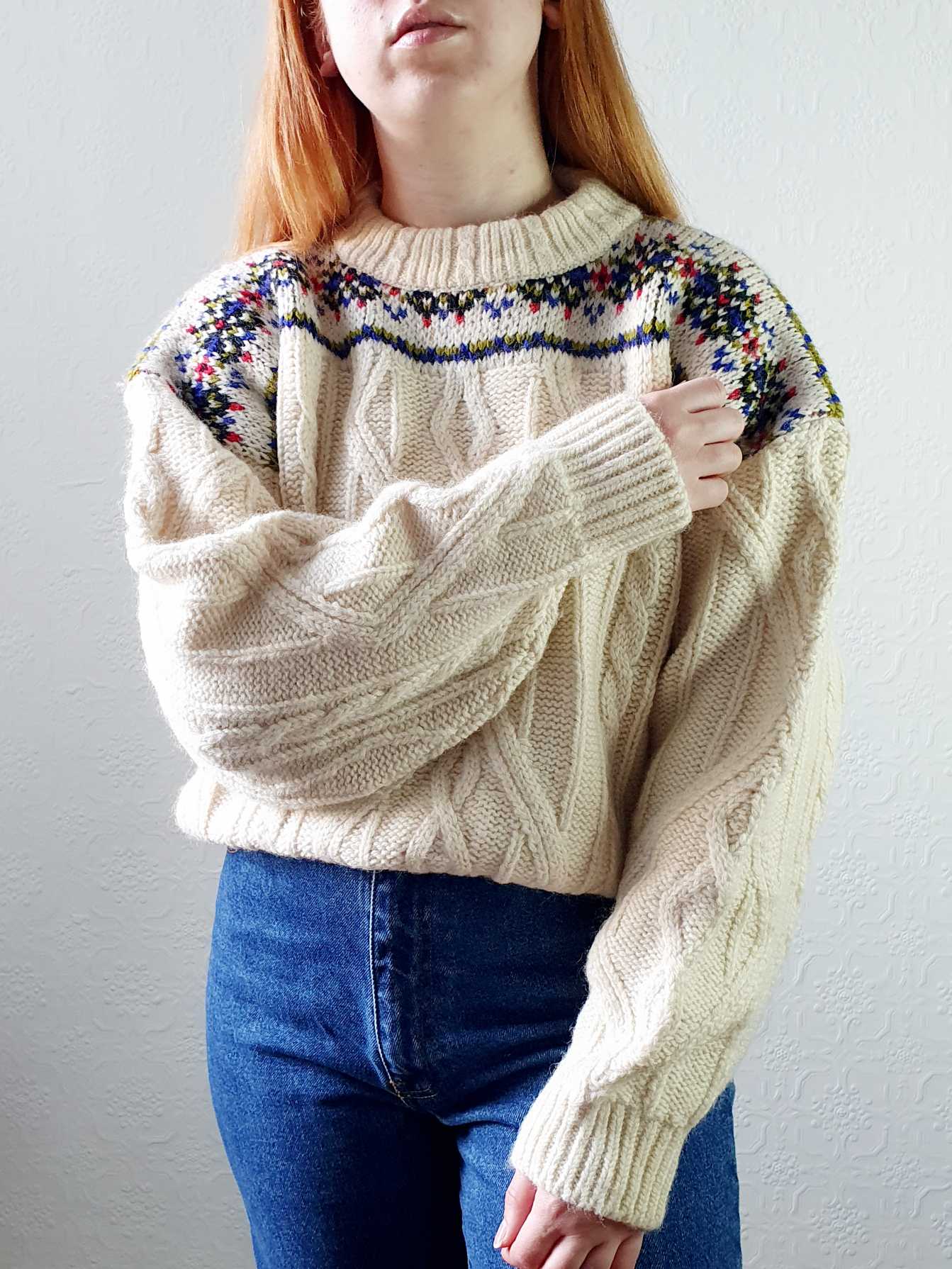 Vintage Cream Wool Aran Jumper - L/XL