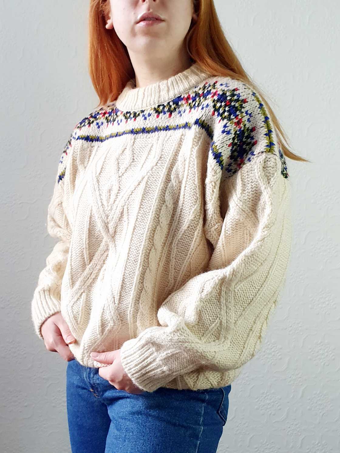Vintage Cream Wool Aran Jumper - L/XL - Image 2
