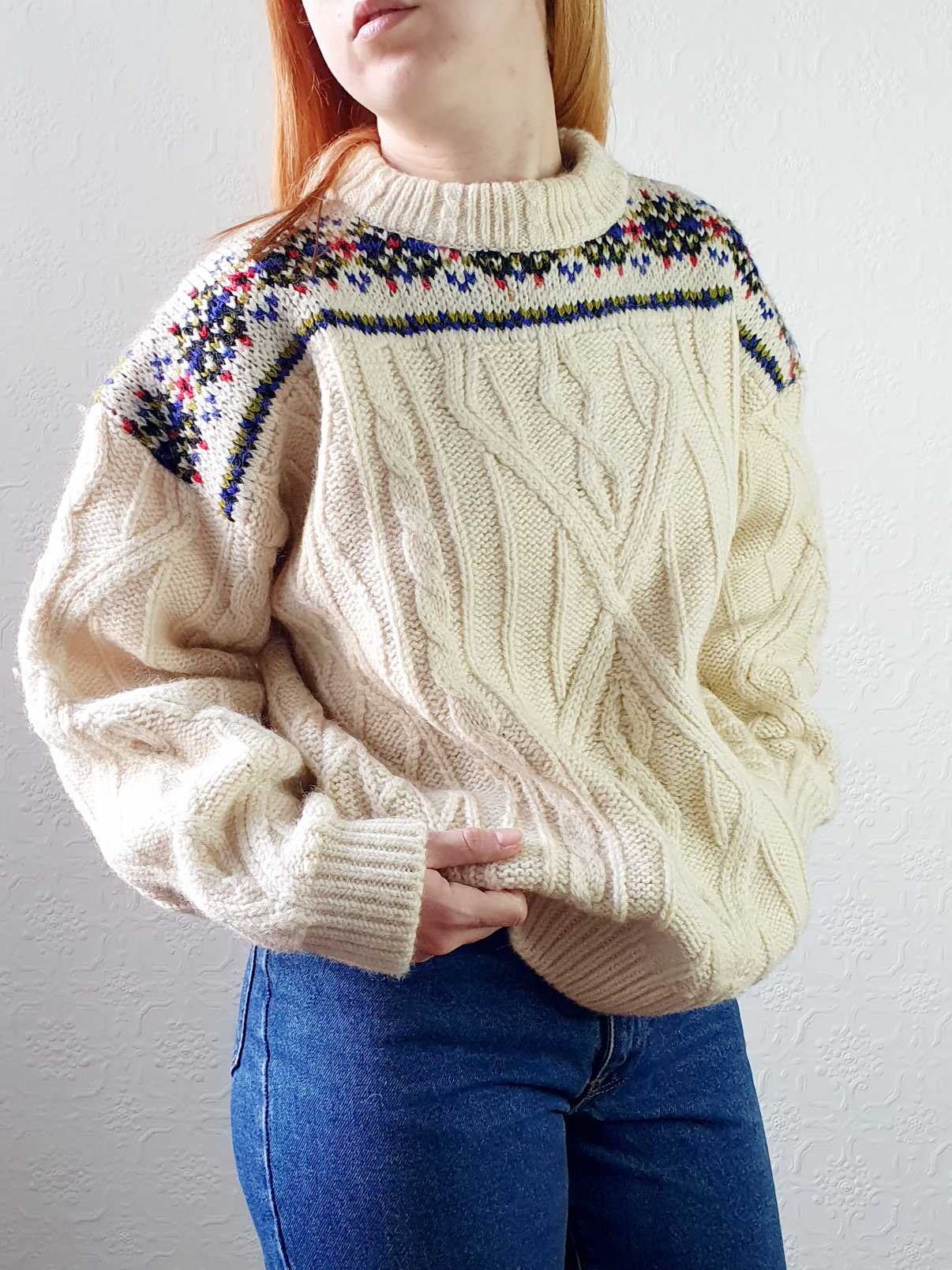 Vintage Cream Wool Aran Jumper - L/XL - Image 9