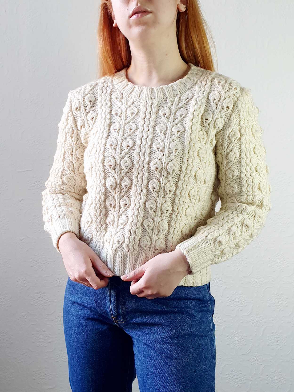 Vintage Cream Wool Arran Style Jumper - XS/S