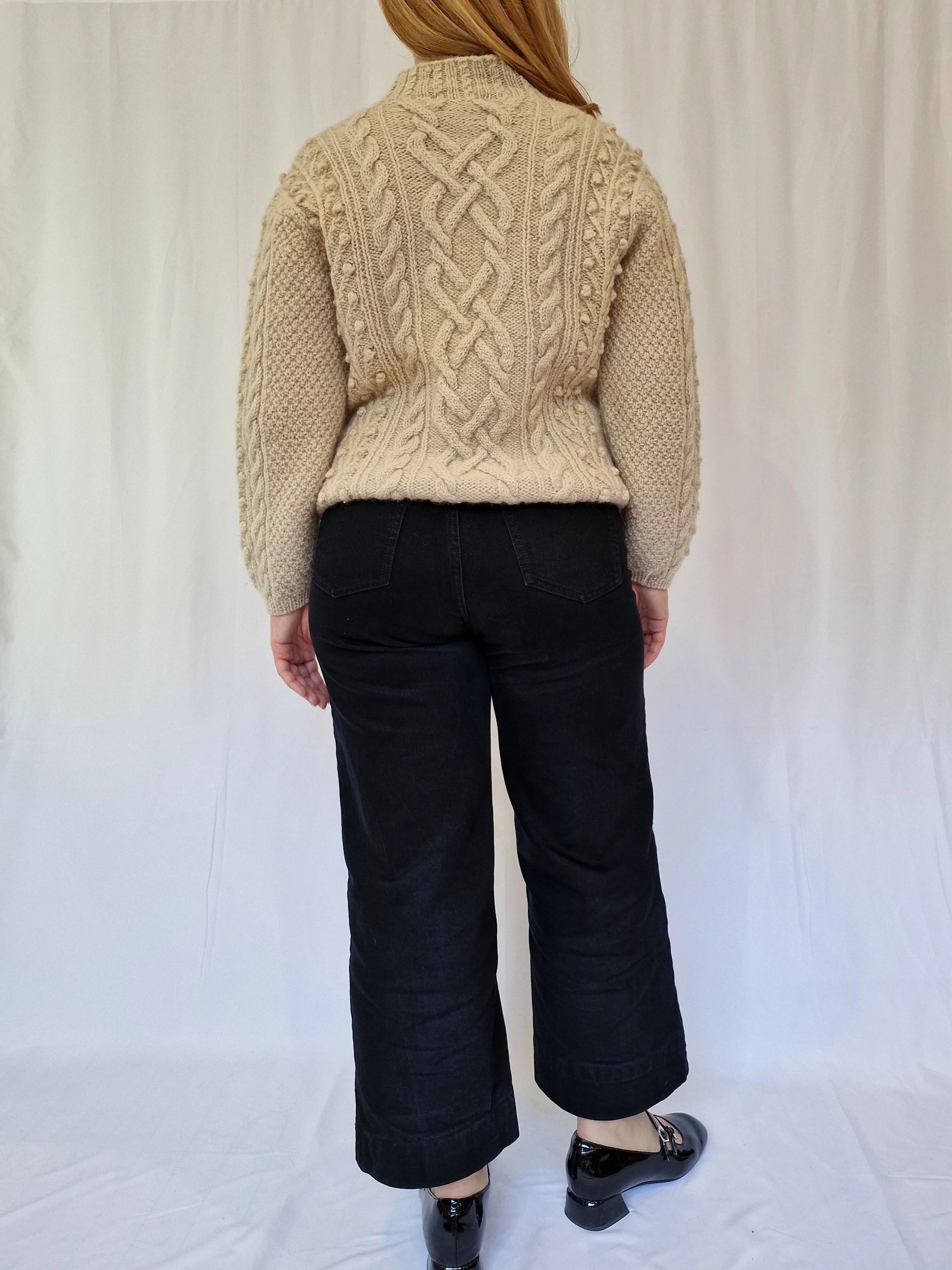Vintage Crew Neck 100% Wool Bobble Knit Aran Jumper - S - Image 2