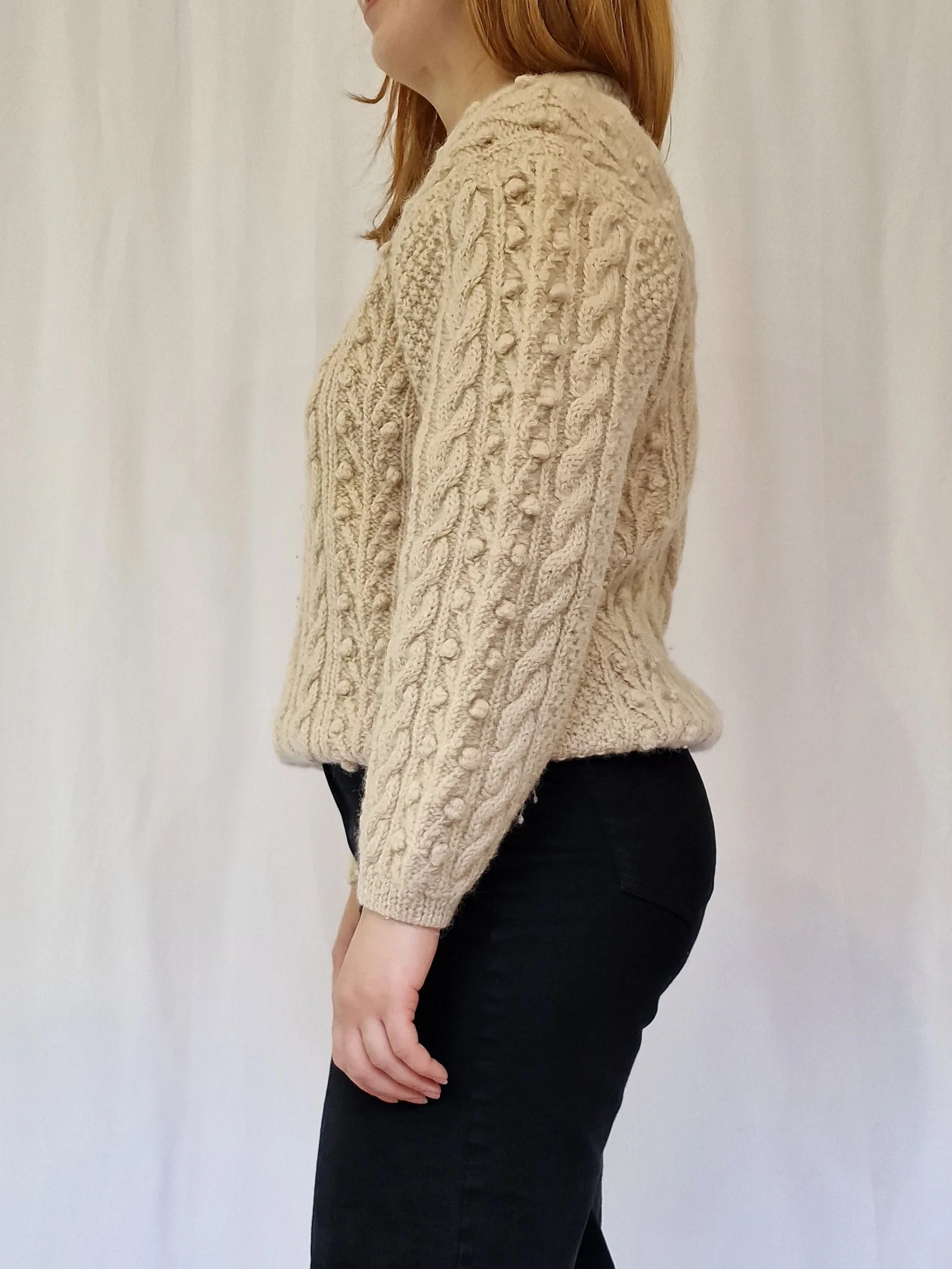 Vintage Crew Neck 100% Wool Bobble Knit Aran Jumper - S - Image 3