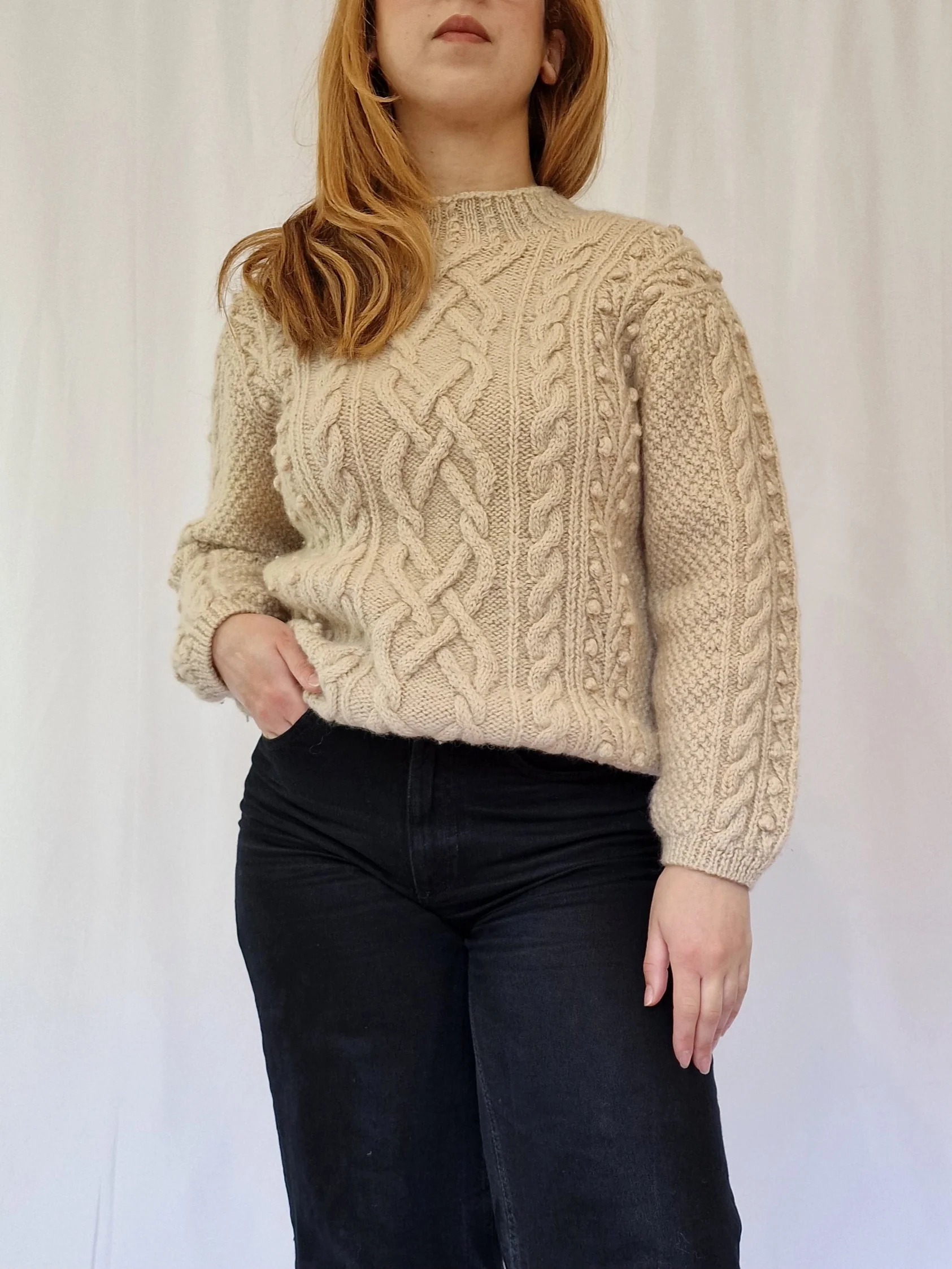 Vintage Crew Neck 100% Wool Bobble Knit Aran Jumper - S - Image 4