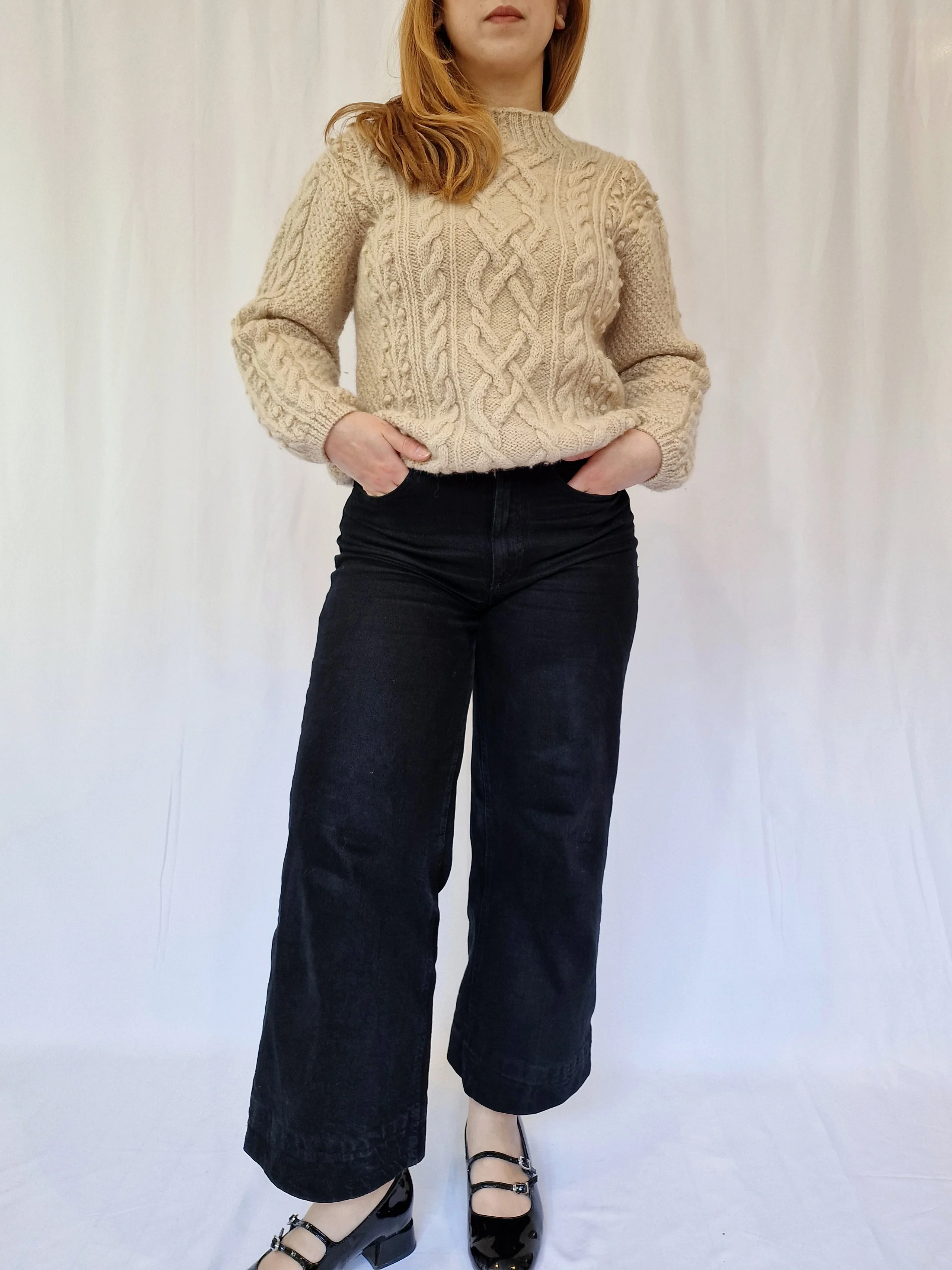 Vintage Crew Neck 100% Wool Bobble Knit Aran Jumper - S - Image 5