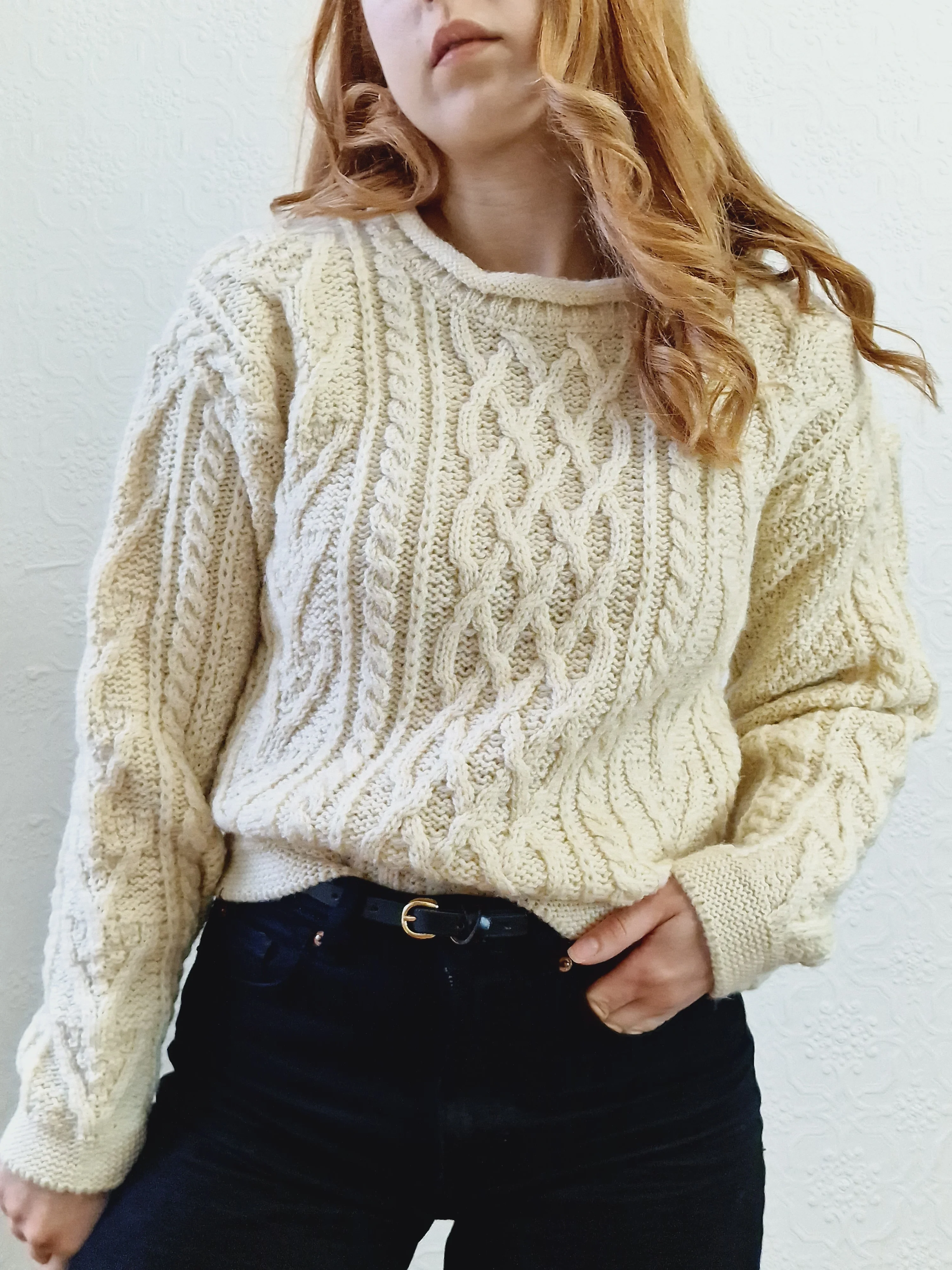Vintage Crew Neck 100% Wool Handknitted Aran Jumper - S/M - Image 2