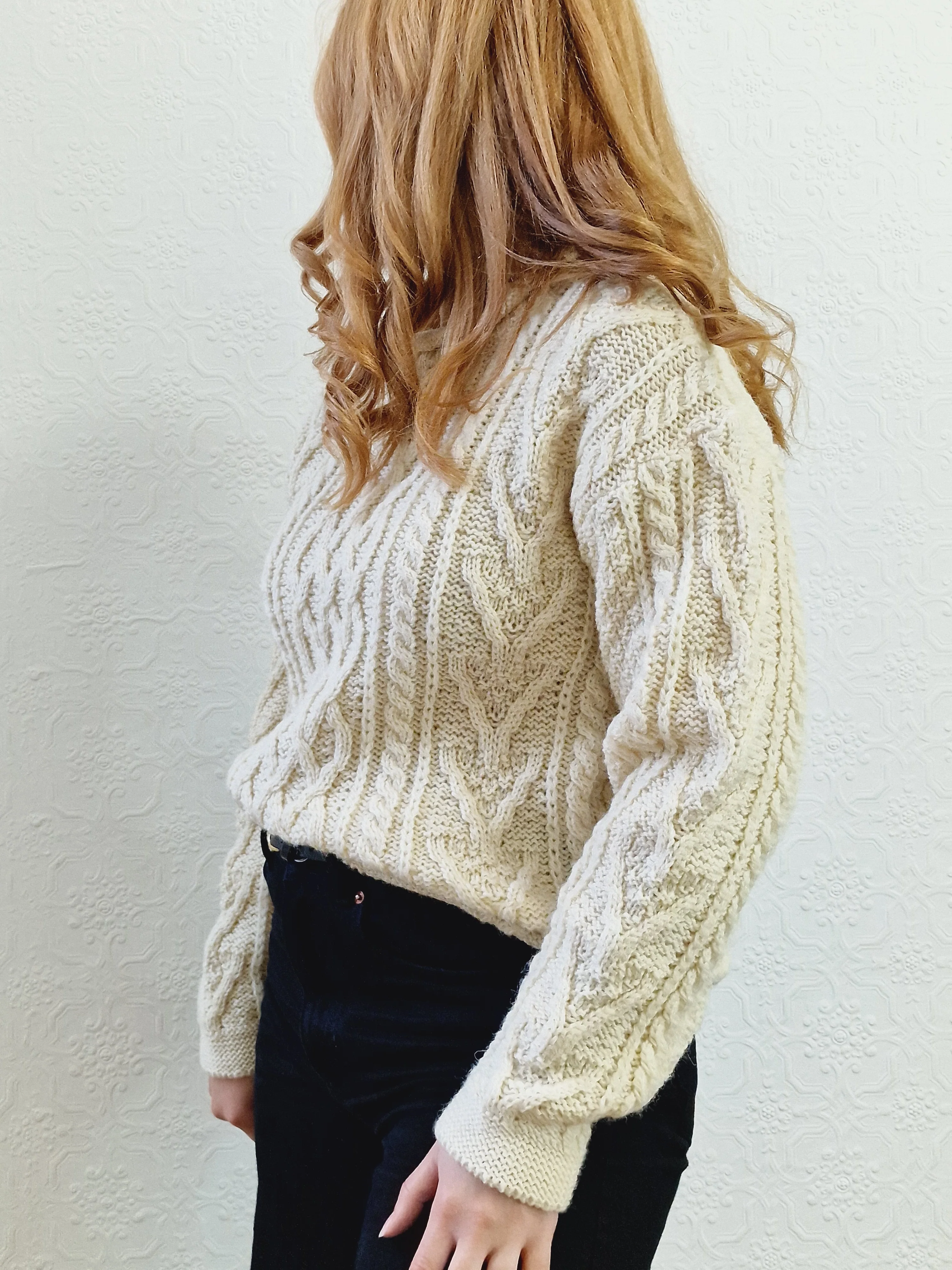Vintage Crew Neck 100% Wool Handknitted Aran Jumper - S/M - Image 3