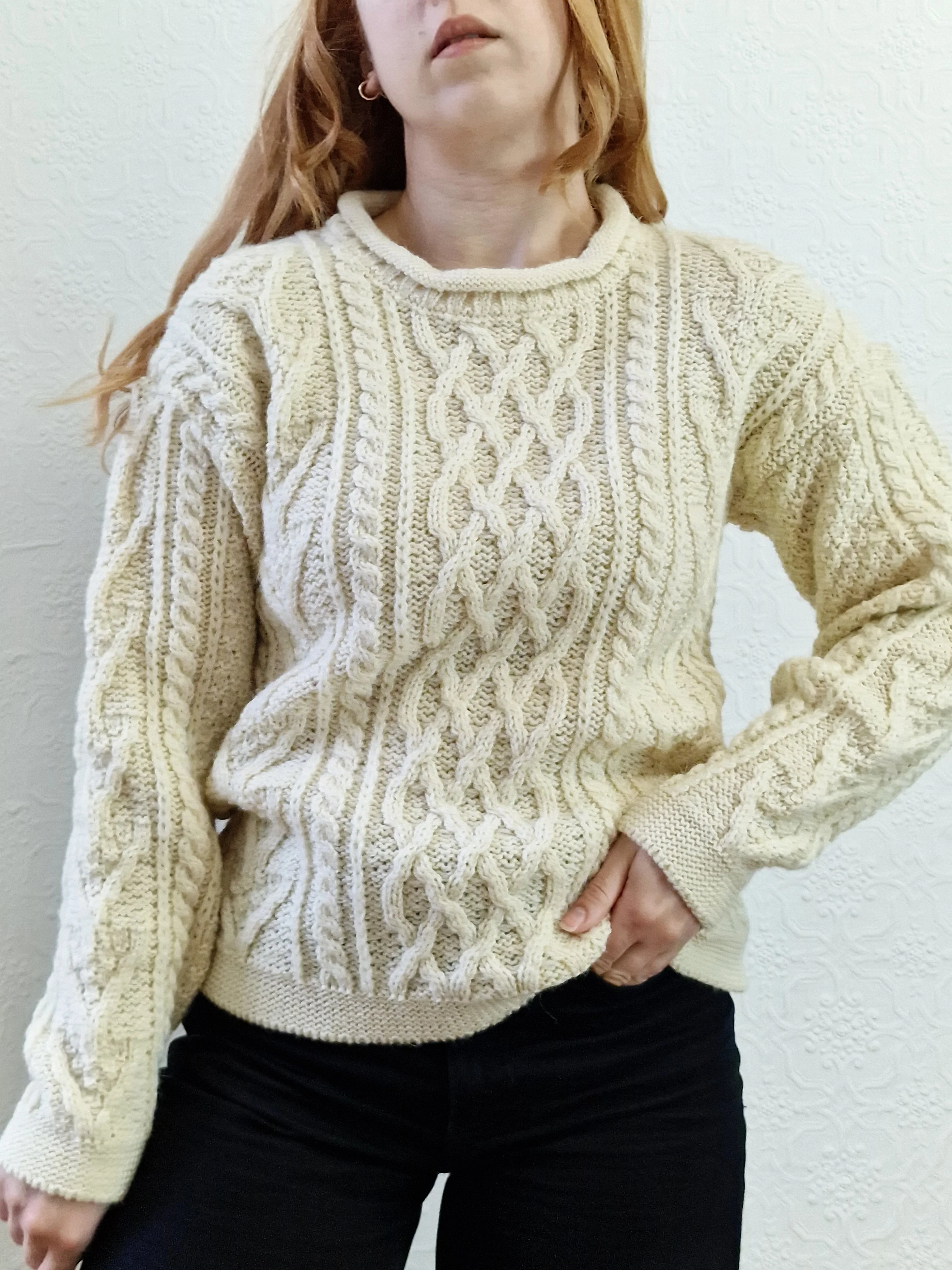 Vintage Crew Neck 100% Wool Handknitted Aran Jumper - S/M - Image 7