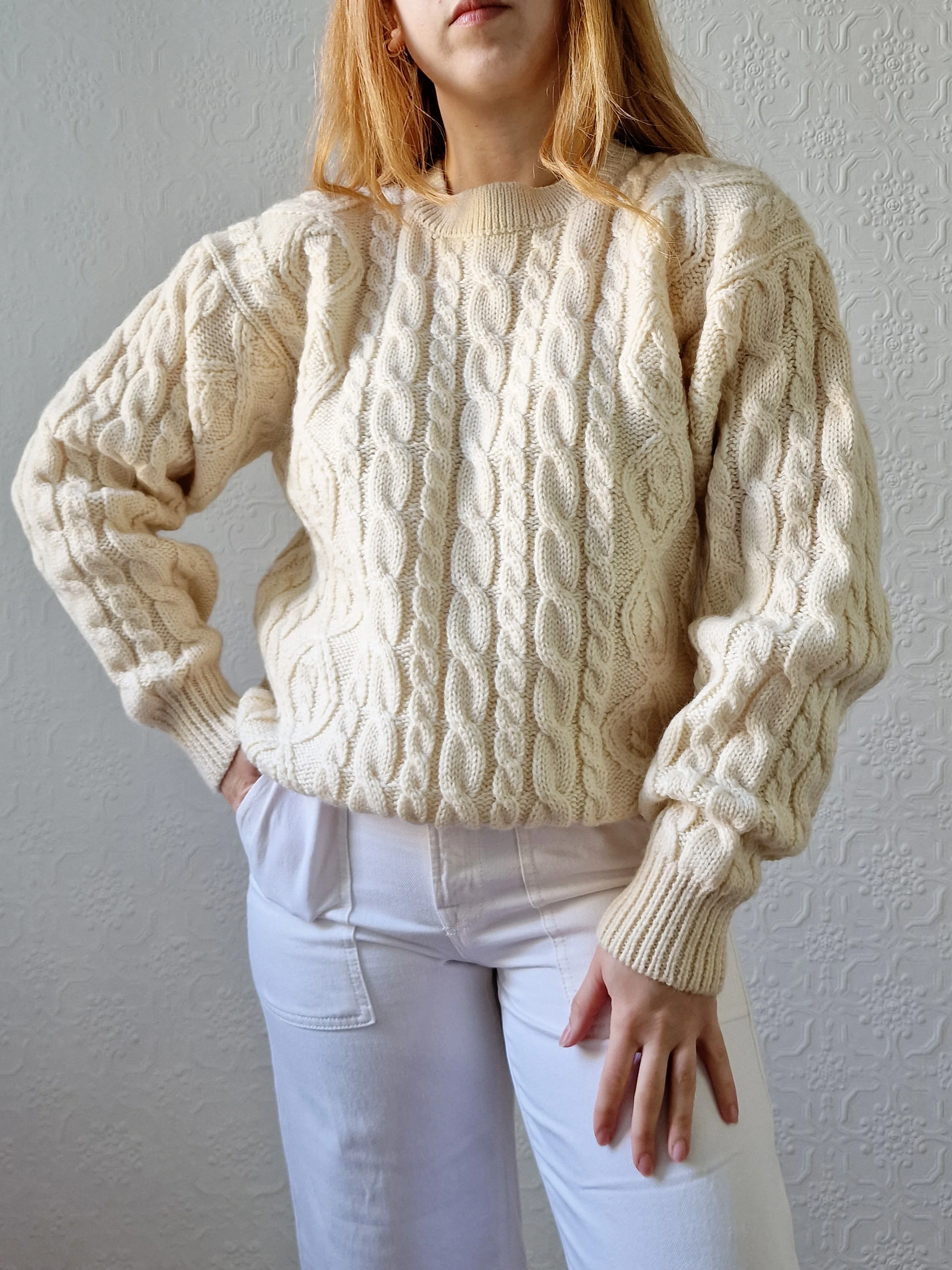 Vintage Crew Neck Wool Blend Cream Aran Jumper - M/L - Image 2