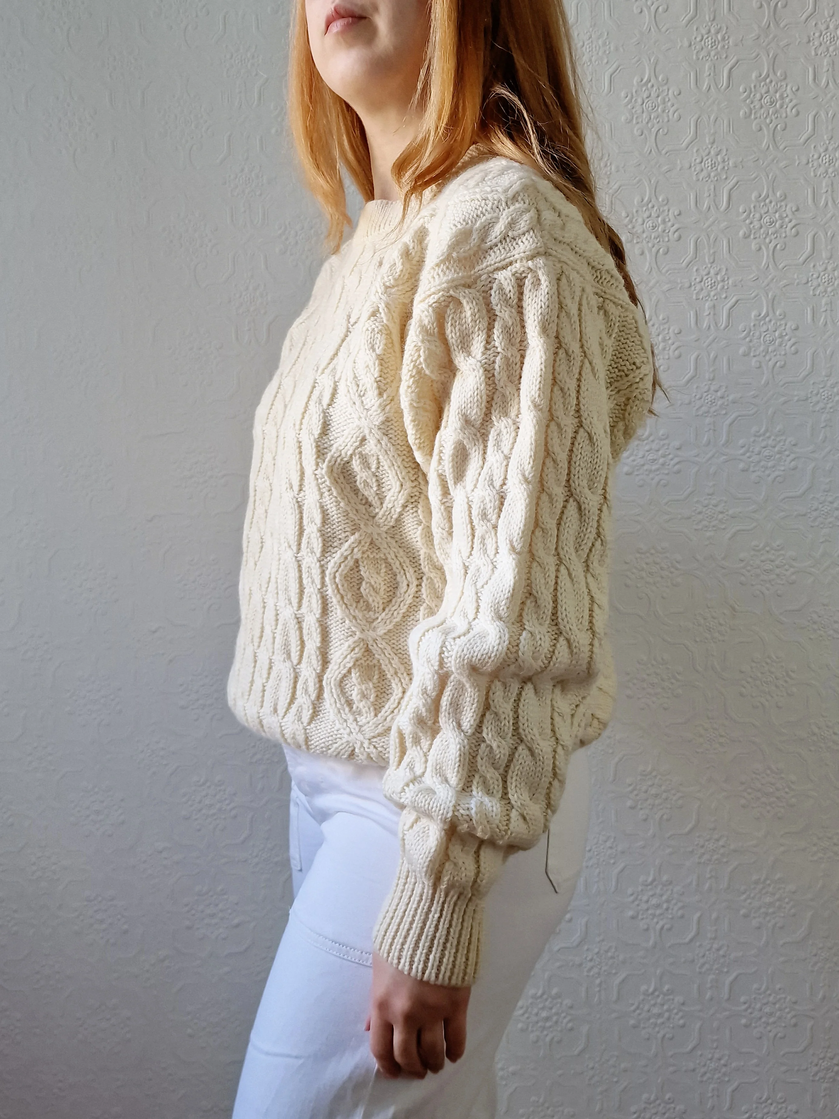 Vintage Crew Neck Wool Blend Cream Aran Jumper - M/L - Image 3