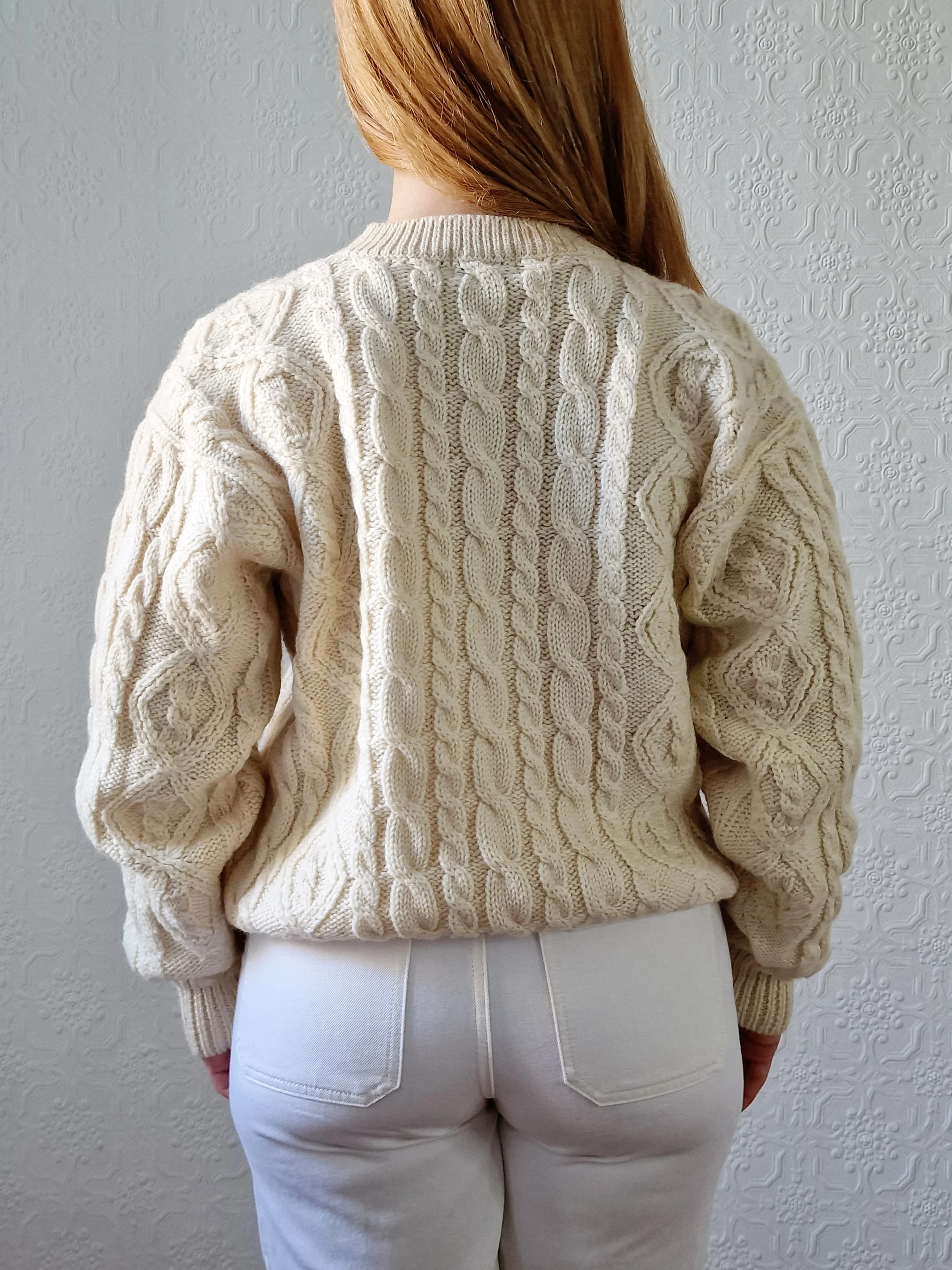 Vintage Crew Neck Wool Blend Cream Aran Jumper - M/L - Image 4