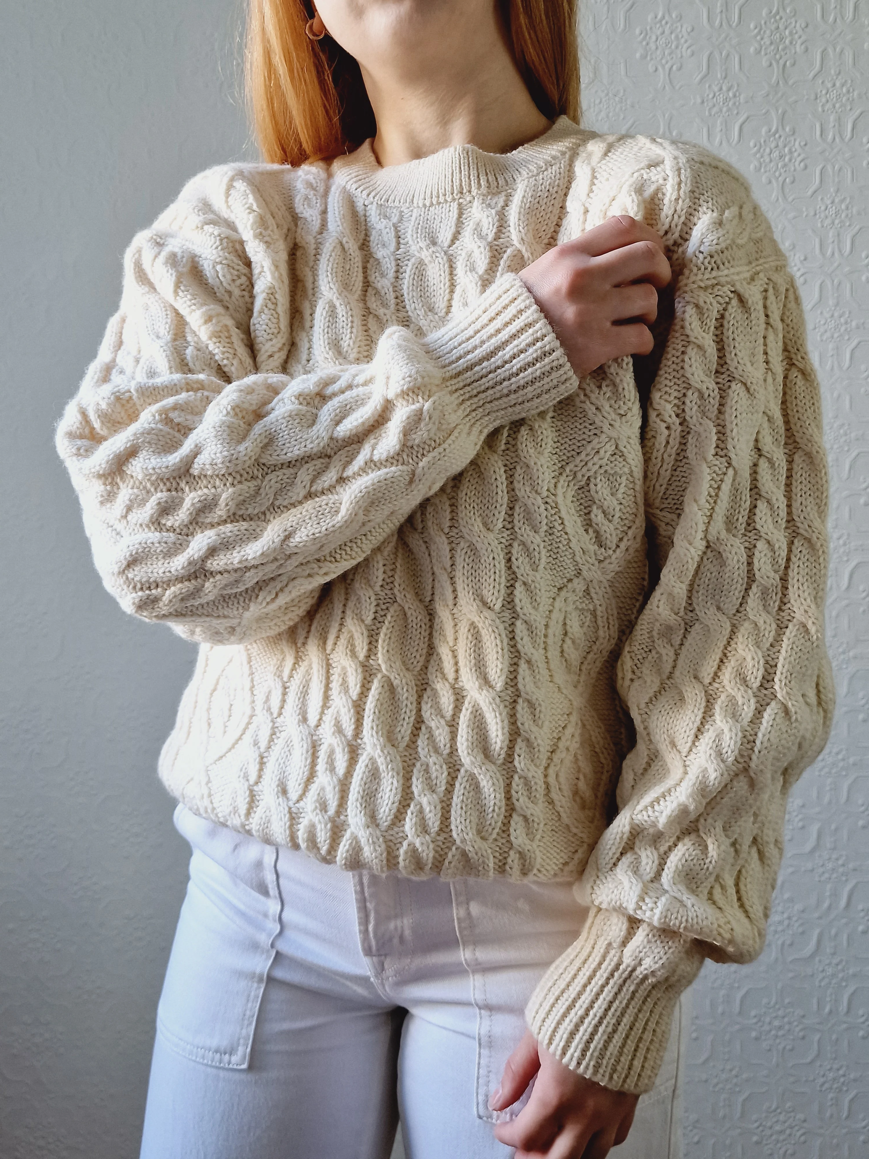 Vintage Crew Neck Wool Blend Cream Aran Jumper - M/L - Image 5