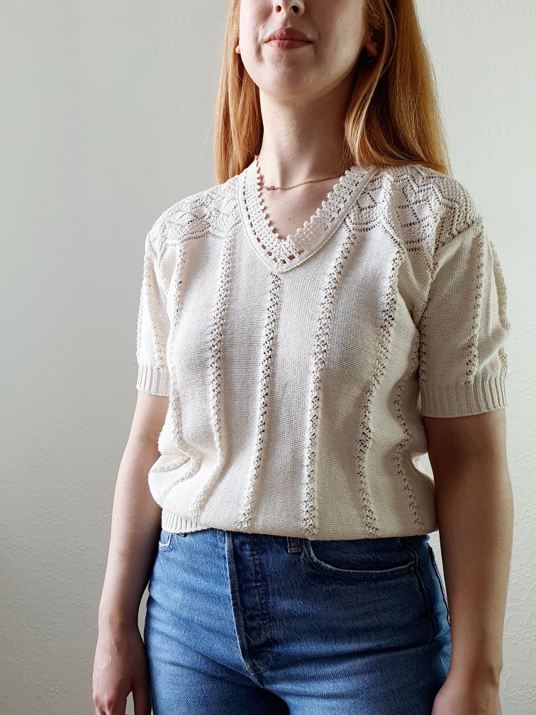 Vintage Crochet Detail Short Sleeve Jumper - M - Image 2