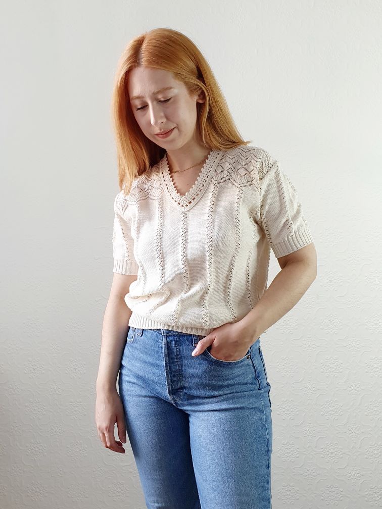 Vintage Crochet Detail Short Sleeve Jumper - M - Image 4