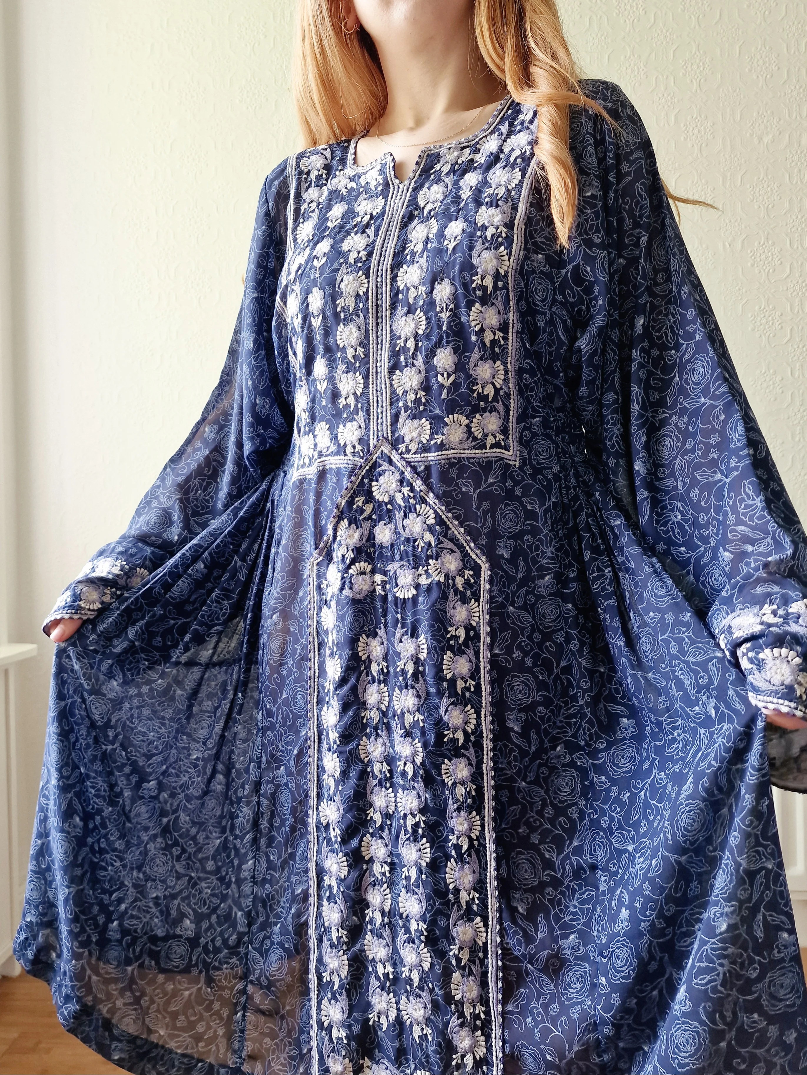 Vintage Dark Blue Folk Style Embroidered Midi Dress with Wide Sleeves - XL - Image 2