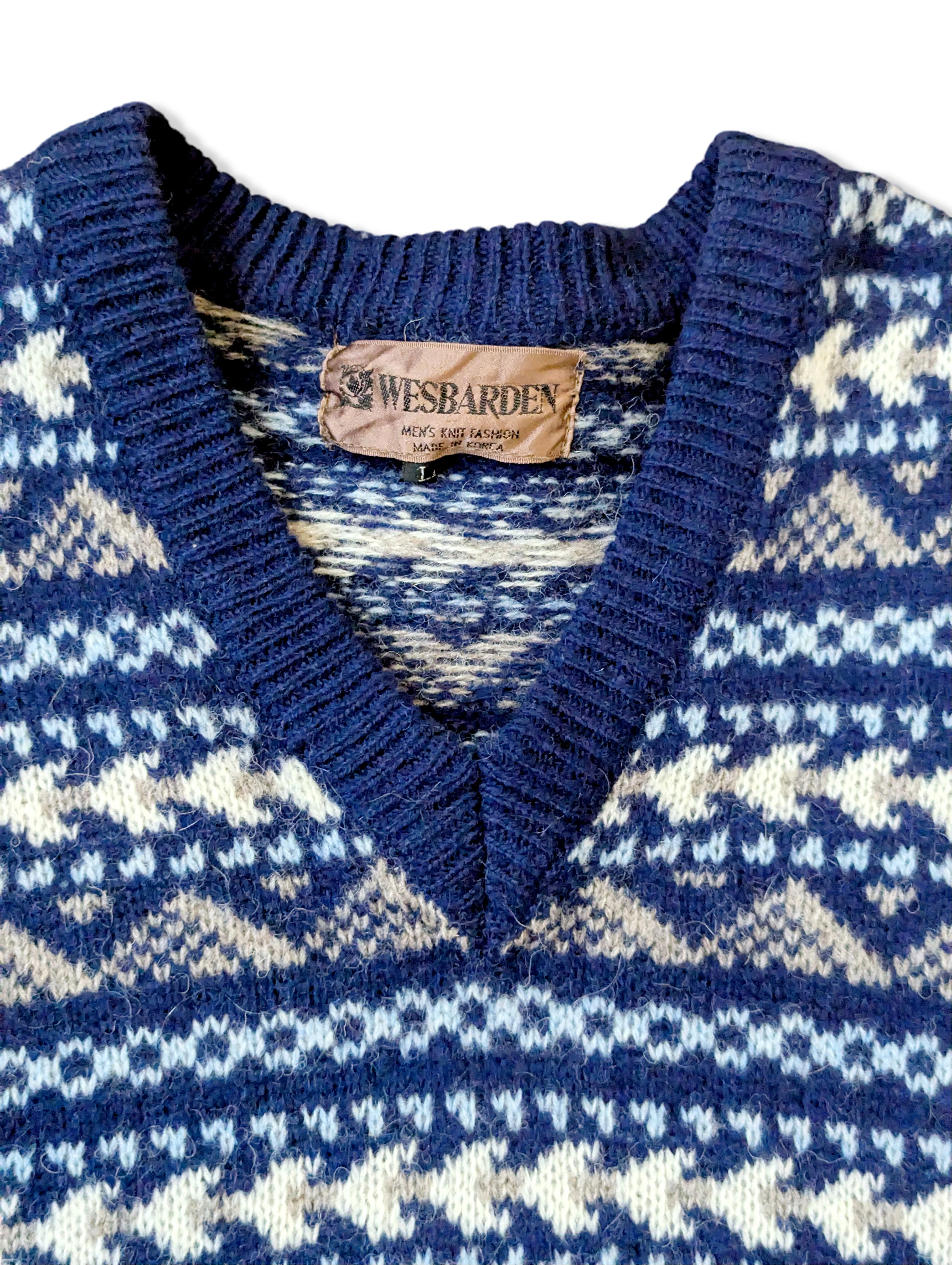 Vintage Dark Blue Pure Wool Fair Isle Knitted Jumper - XS - Image 2