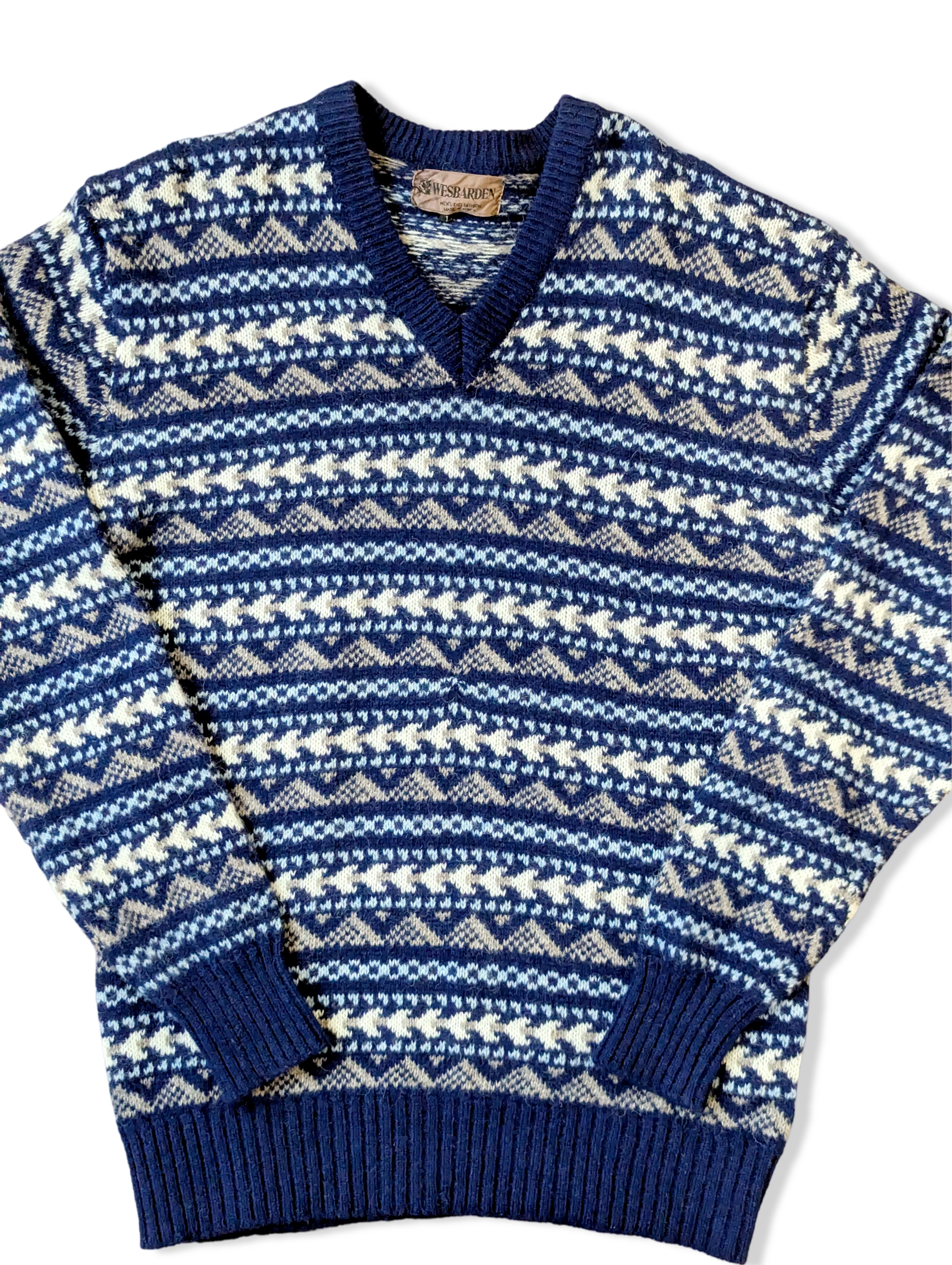 Vintage Dark Blue Pure Wool Fair Isle Knitted Jumper - XS - Image 3