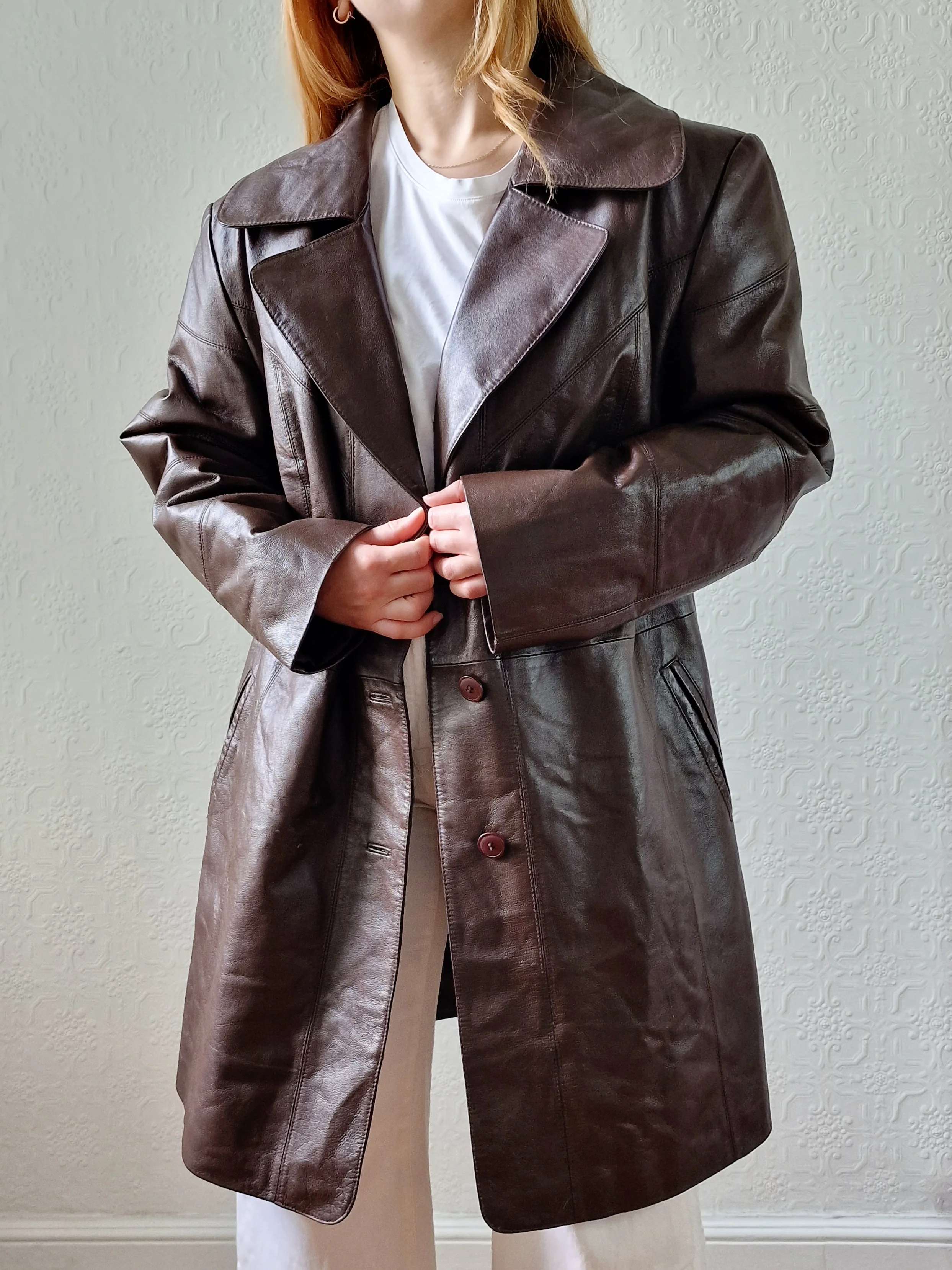 Vintage Dark Brown 100% Genuine Leather Mid Length Jacket - XL - Image 2