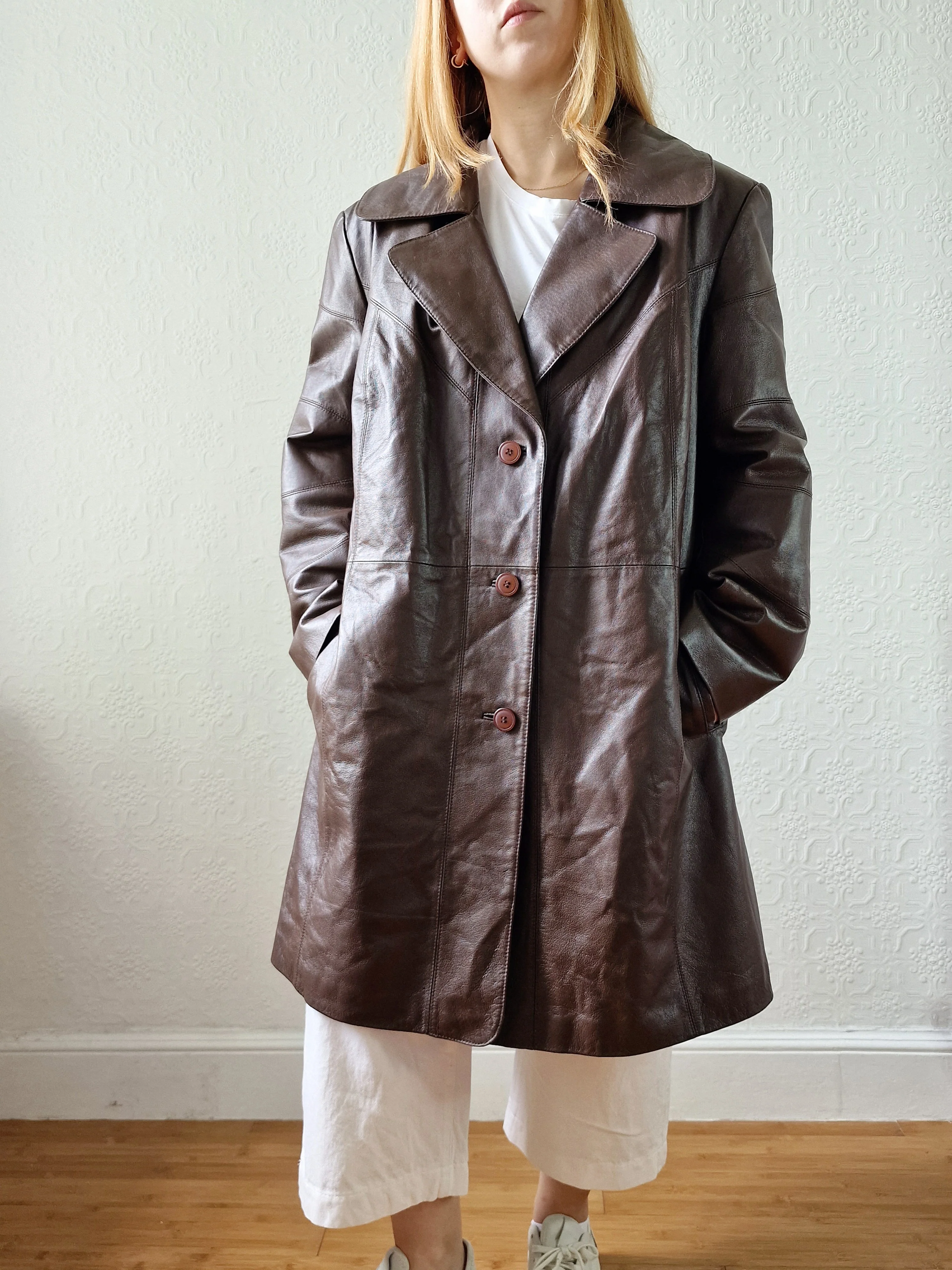 Vintage Dark Brown 100% Genuine Leather Mid Length Jacket - XL - Image 5