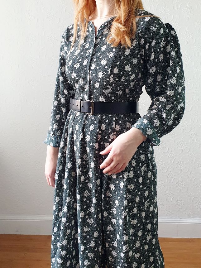 Vintage Dark Green Floral Dress - L/XL