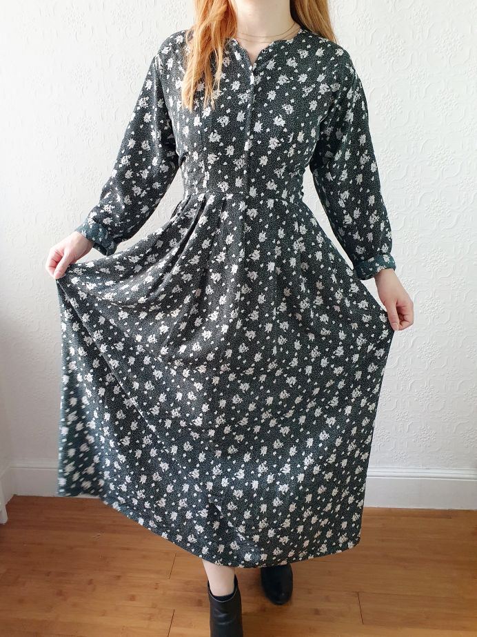 Vintage Dark Green Floral Dress - L/XL - Image 2