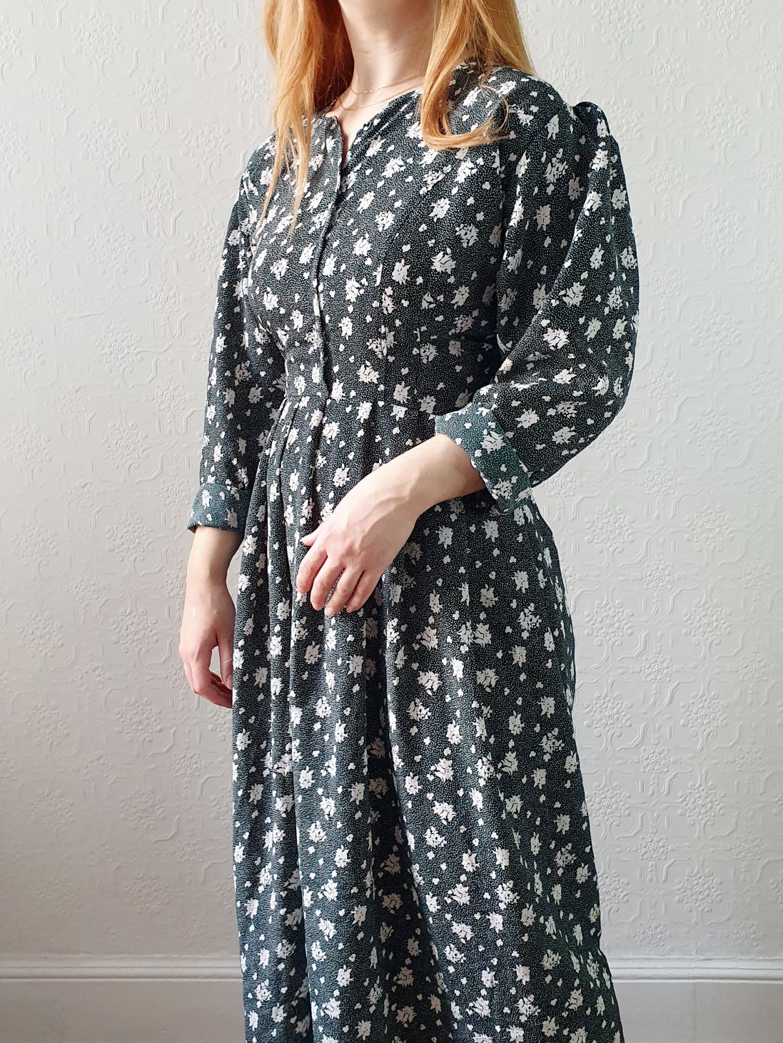 Vintage Dark Green Floral Dress - L/XL - Image 3
