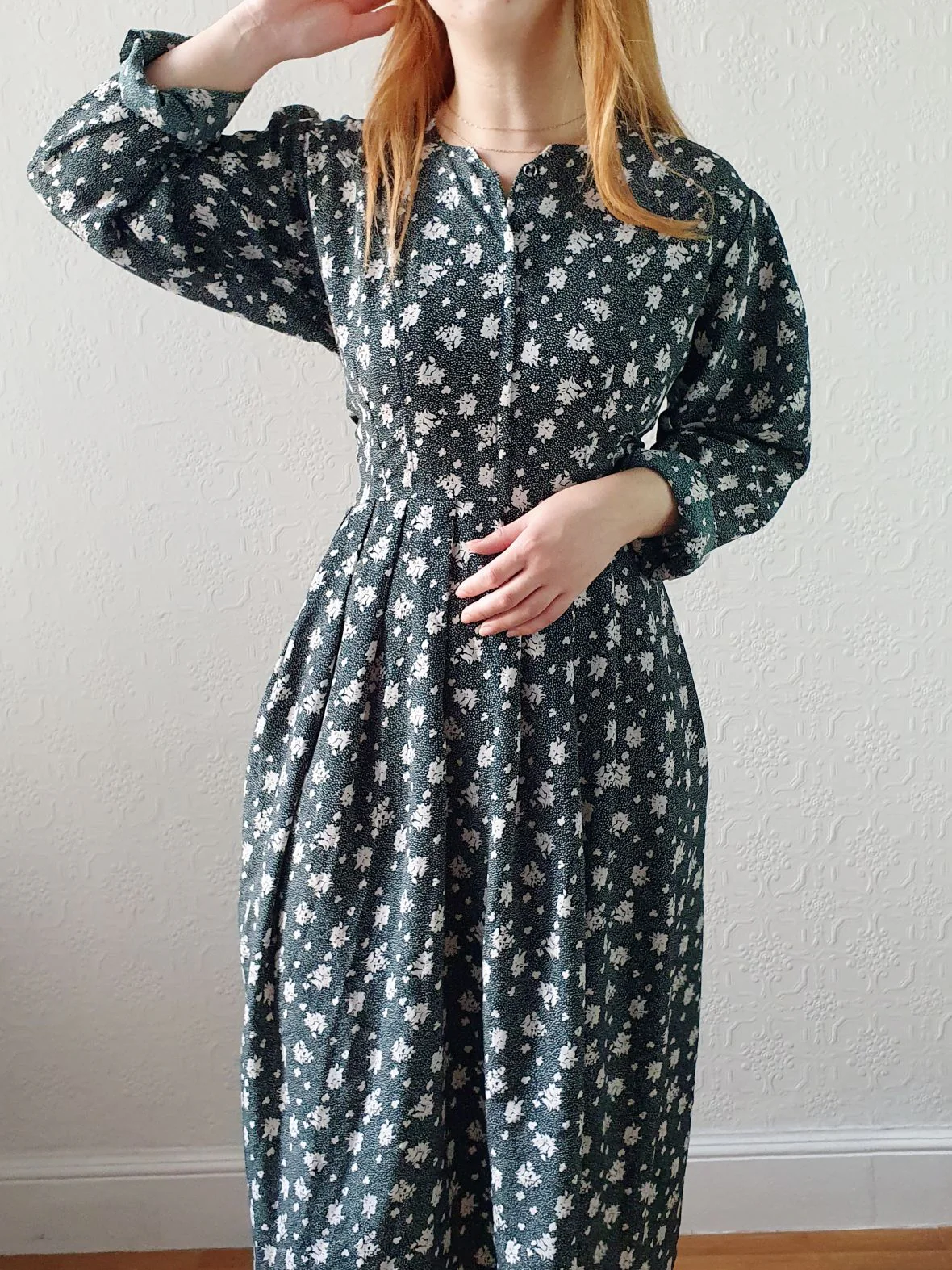 Vintage Dark Green Floral Dress - L/XL - Image 4