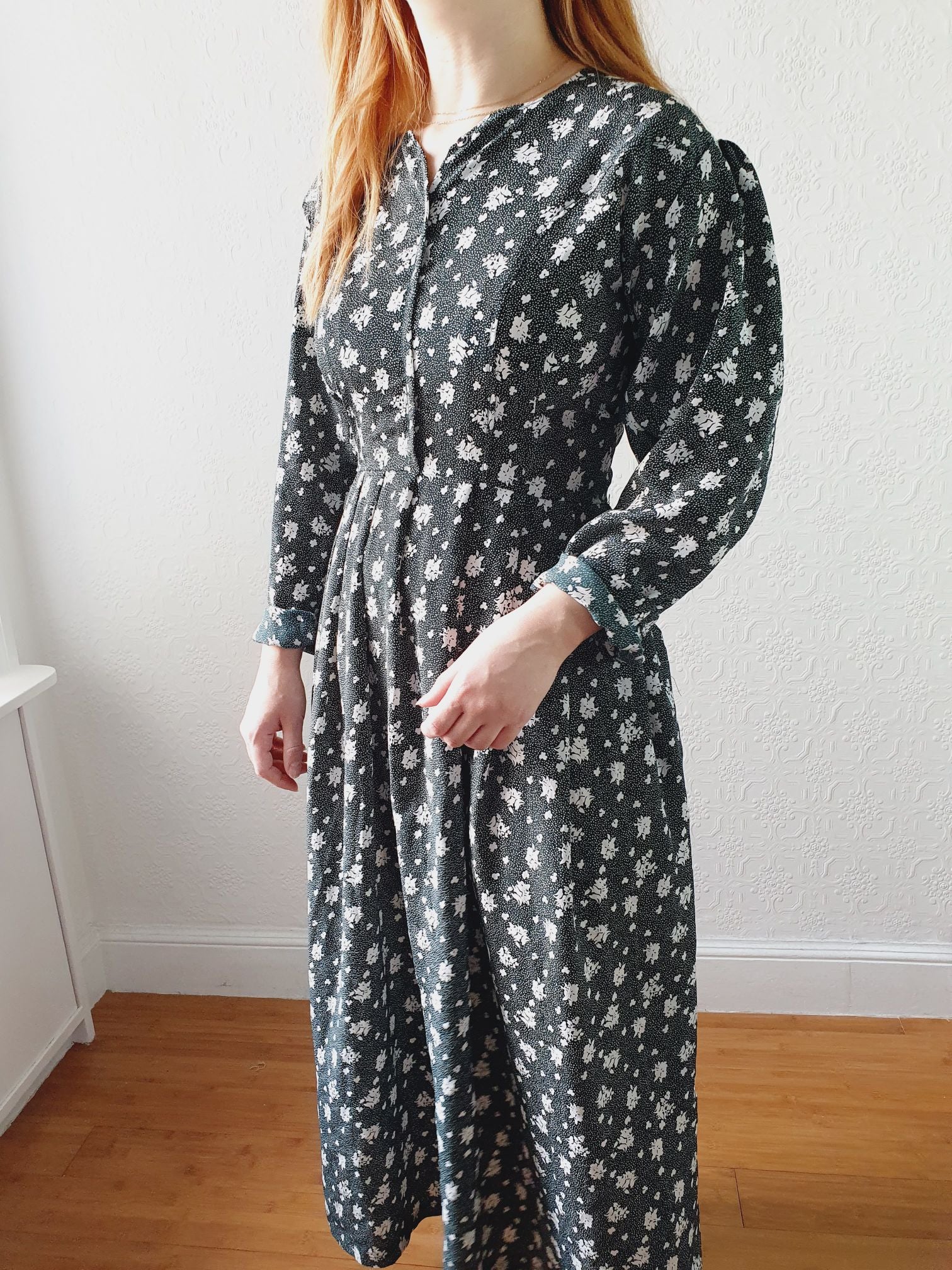 Vintage Dark Green Floral Dress - L/XL - Image 6
