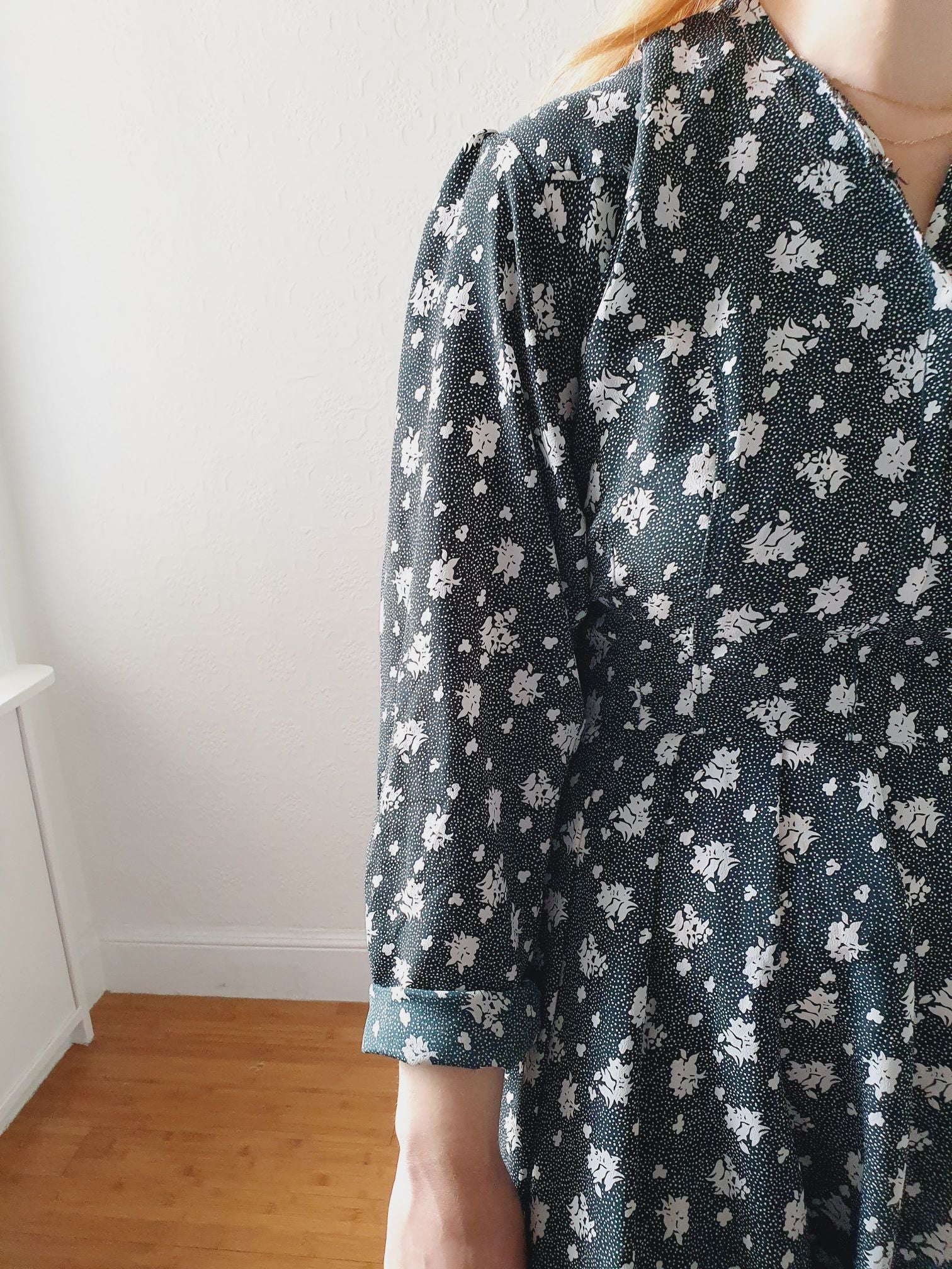 Vintage Dark Green Floral Dress - L/XL - Image 7