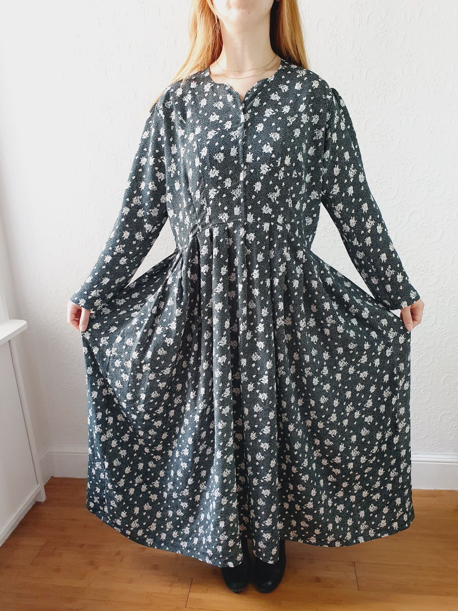 Vintage Dark Green Floral Dress - L/XL - Image 9